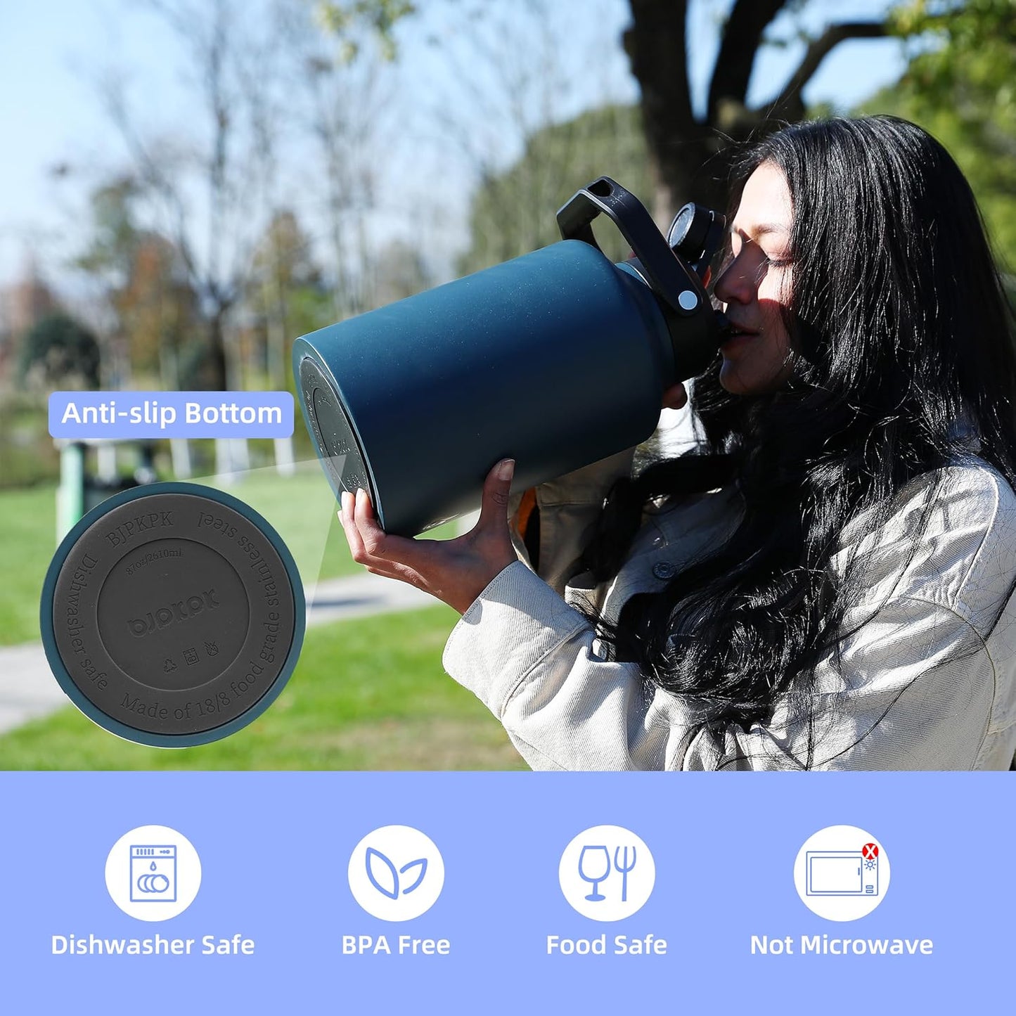 BJPKPK 87oz Insulated Water Bottle, Dishwasher Safe 2/3 Gallon Water Bottle with Ergonomic Handle, BPA Free Leak Proof Water Jug, Stainless Steel Metal Water Bottle with Anti-slip Bottom, Army Green