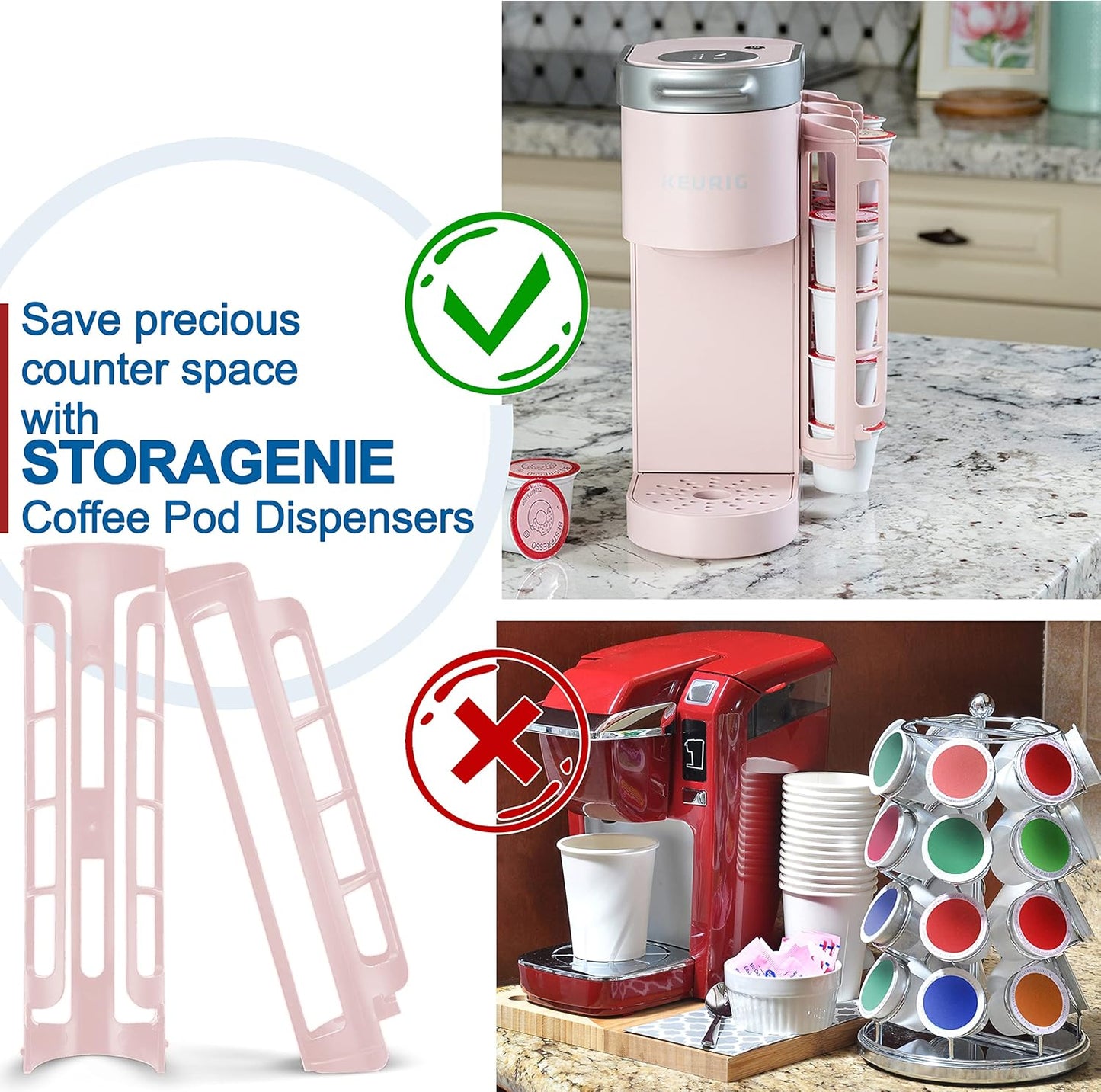 STORAGENIE Coffee Pod Holder for Keurig, Side Mount K Cup Storage, Perfect for Small Counters (2 Rows/For 10 K Cups, PINK)