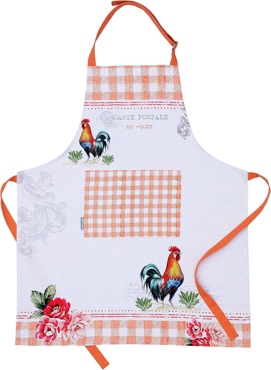 AMOUR INFINI Cotton Aprons for Women with Pocket, Adjustable Strap & Waist Ties - Washable Aprons for Baking, Cooking, Gardening (27.5 x 33 Inches - Farm Rooster)