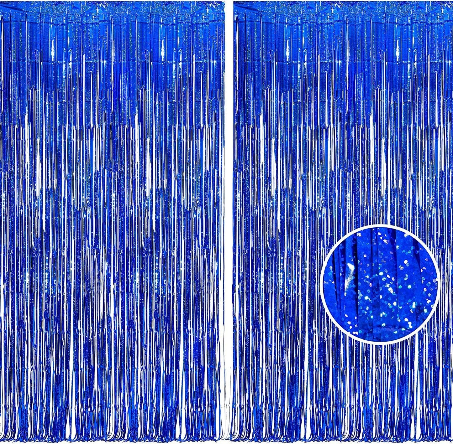 BRAVESHINE Blue Tinsel Foil Fringe Curtains - 2Pcs 3.2x8.2 ft Metallic Holidays Photo Backdrop for Boys Men Birthdays Homecoming Bachelor Bachelorette Engagement Sea Theme Ramadan Party Decorations