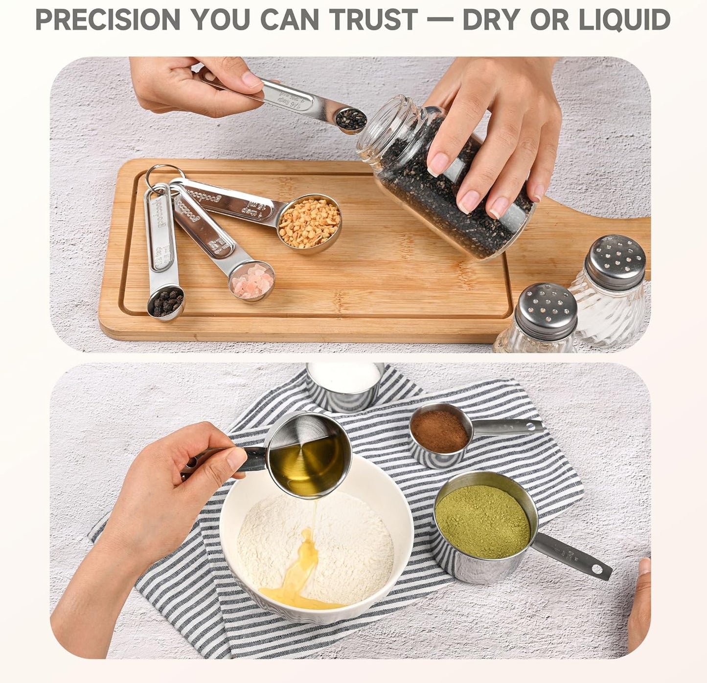 Measuring Cups and Spoons Set,Stainless Steel 8 Piece Nesting Measuring Tools for Dry & Liquid Ingredients, Kitchen Gadgets for Cooking and Baking, Includes 4 Cups and 4 Spoons