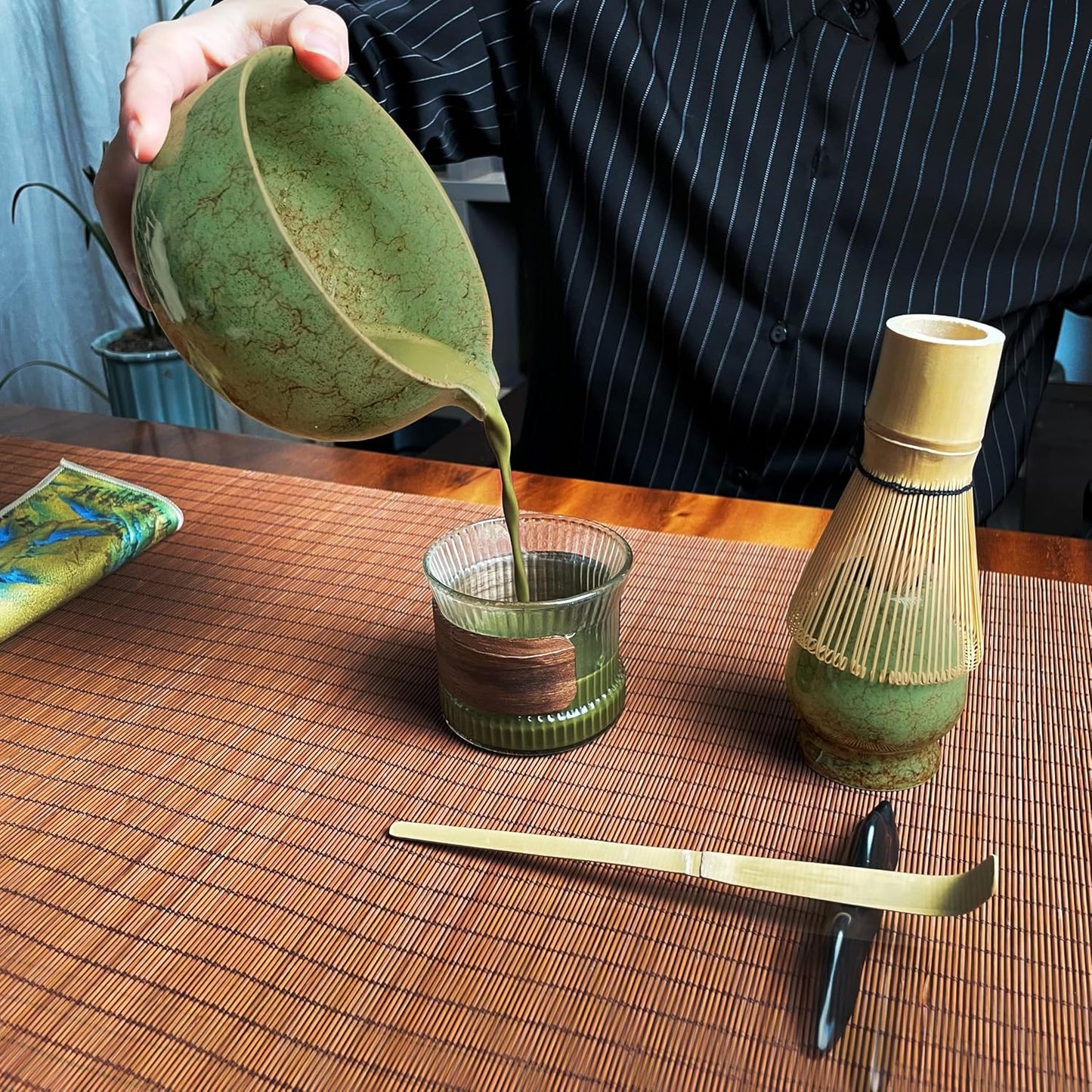 Matcha Whisk Set (7pcs) - Matcha Set with Whisk,Pouring Spout Bowl,Chasen Holder,Powder Sifter,Bamboo Scoop with Stand,Tea Cloth,Perfect Tools Kit for Tea Ceremony (Matcha Green)