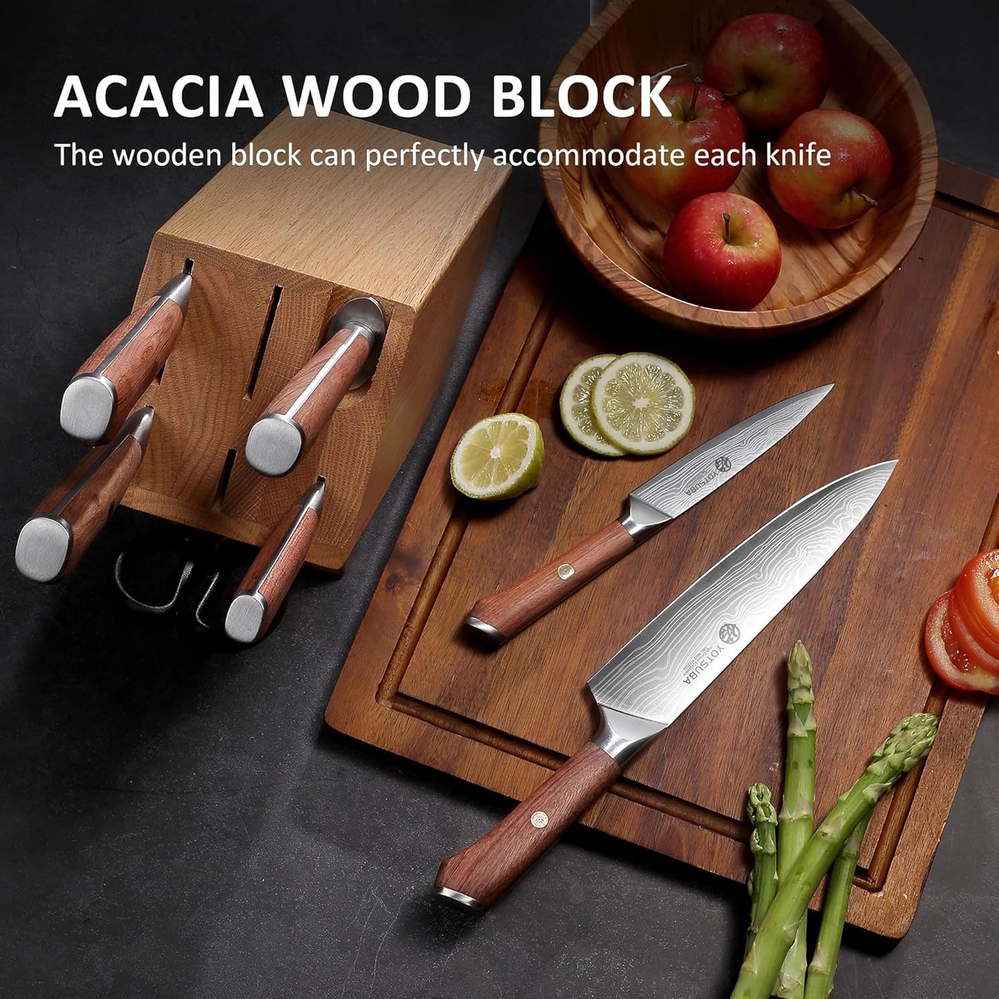 YOTSUBA 8PCS Kitchen Knife Set with Scissors & Sharpener, Ultra Sharp High Carbon Stainless Steel Kitchen Utensils Set with Elegant Rosewood Handle Ergonomic Design, Natural Acacia Block with Gift Box