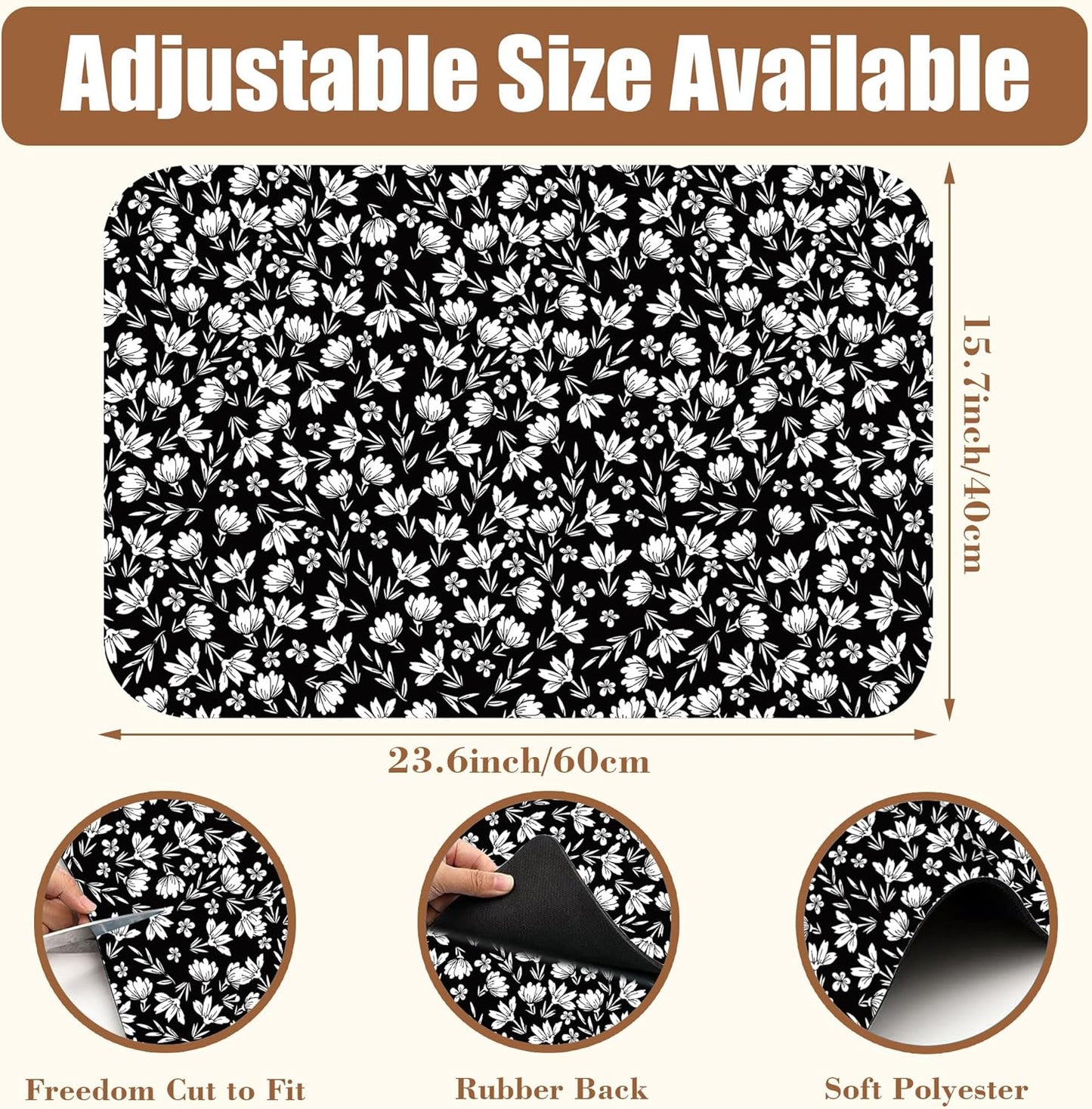 Black and White Flowers Dish Drying Mat for Kitchen Counter Coffee Bar Mat Hide Stain Absorbent Rubber Backed Drying Rack Pad Espresso Machine Coffee Table Accessories 15.7 x 23.6 Inch