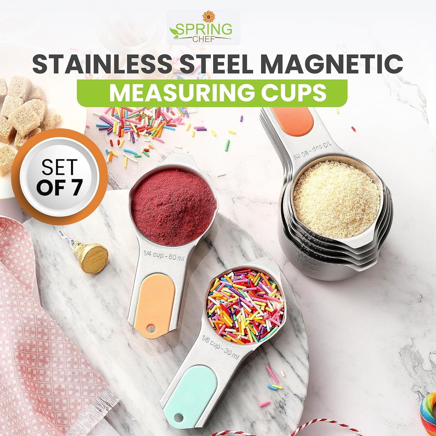 Spring Chef Magnetic Stainless Steel Measuring Cups (Patent Pending), Kitchen Tools with Easy to Read Markings for Measuring Dry or Liquid Ingredients, Set of 7, Desert Sunset