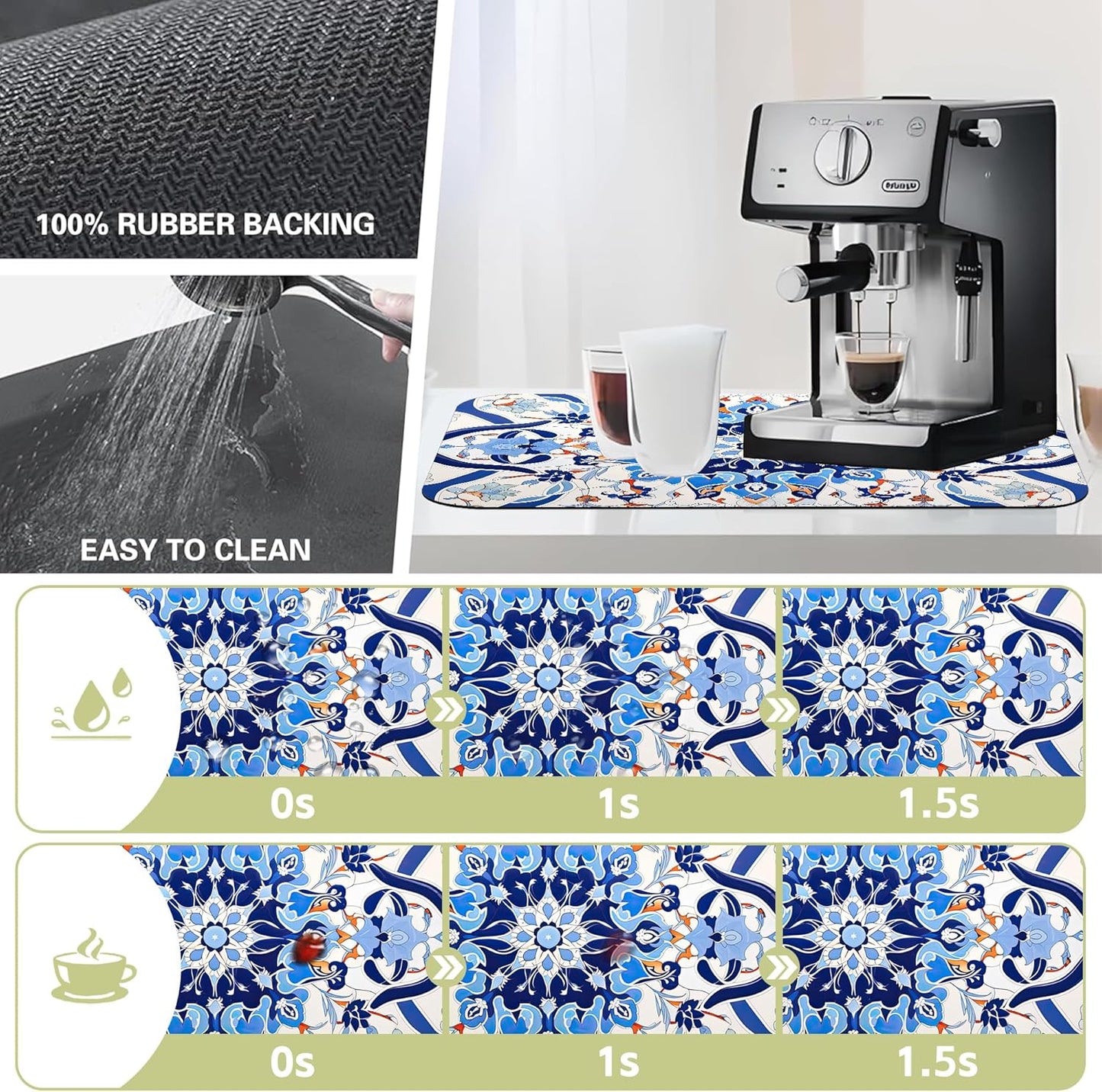 Dish Drying Mat Mandala Blue Floral Kitchen Mat 12"x19" Bsorbent Coffee Maker Mat for Dishes,Utensils Coffee Maker Pots and Pans Easy Clean Dish Slip Resistant Pad