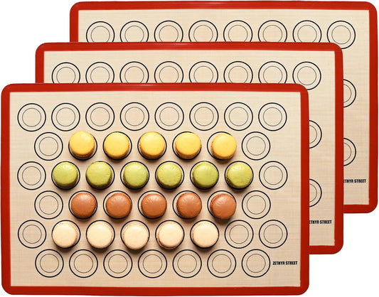 Macaron Silicone Baking Mats - Non-Stick Macaron Mat for Easy Baking | Heat Resistant & Dishwasher Safe Macaron Baking Mat | Reusable & Eco-Friendly, 3/4 Size - Pack of 3 - For Macarons Red Border