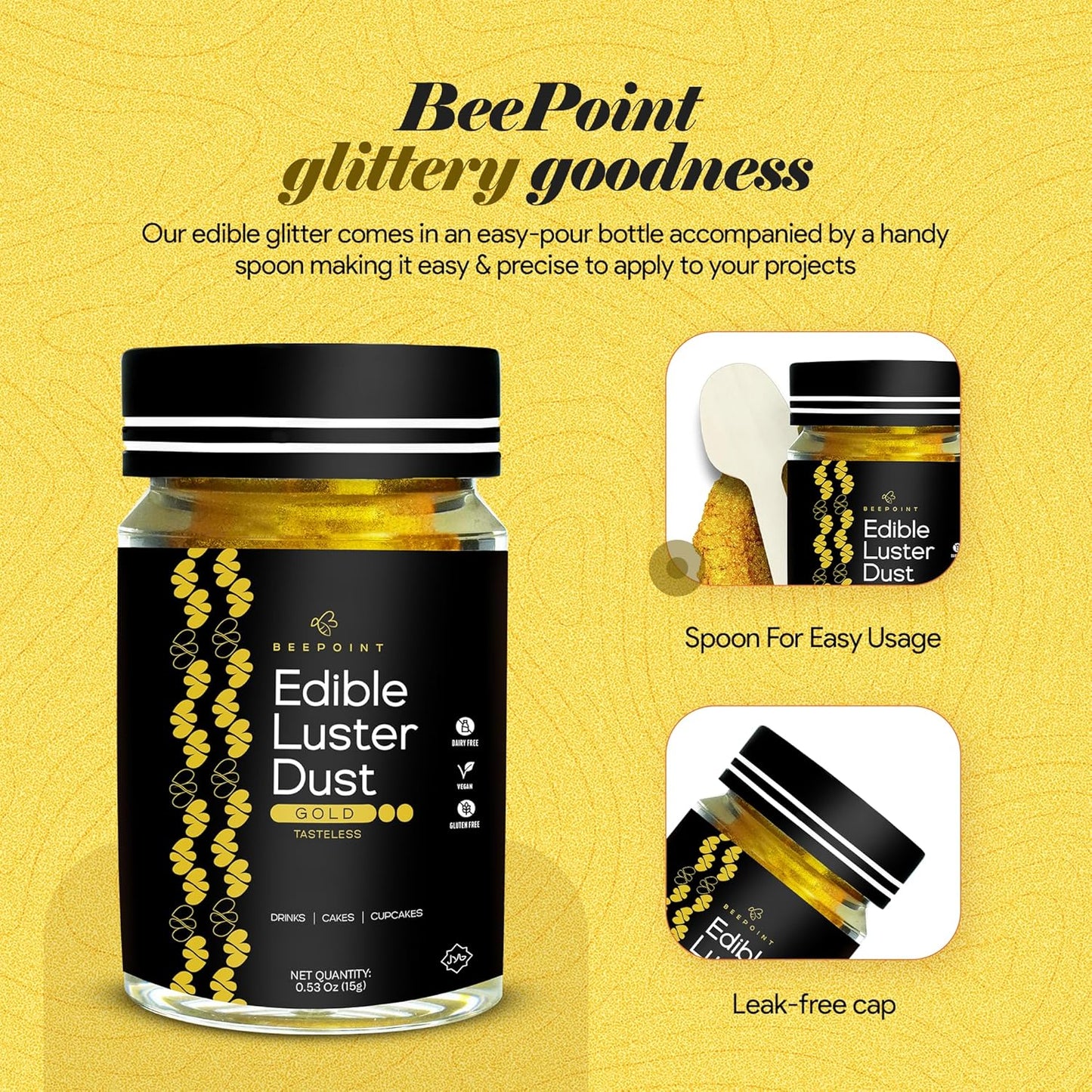 BeePoint Gold Edible Luster Dust 15g - Food Grade, Vibrant Color Shimmer Powdered Dust for Drinks, Cocktails, Cake Decorating, Baking, Chocolates, Candy, Sweets, & Cookies - Vegan & Gluten Free