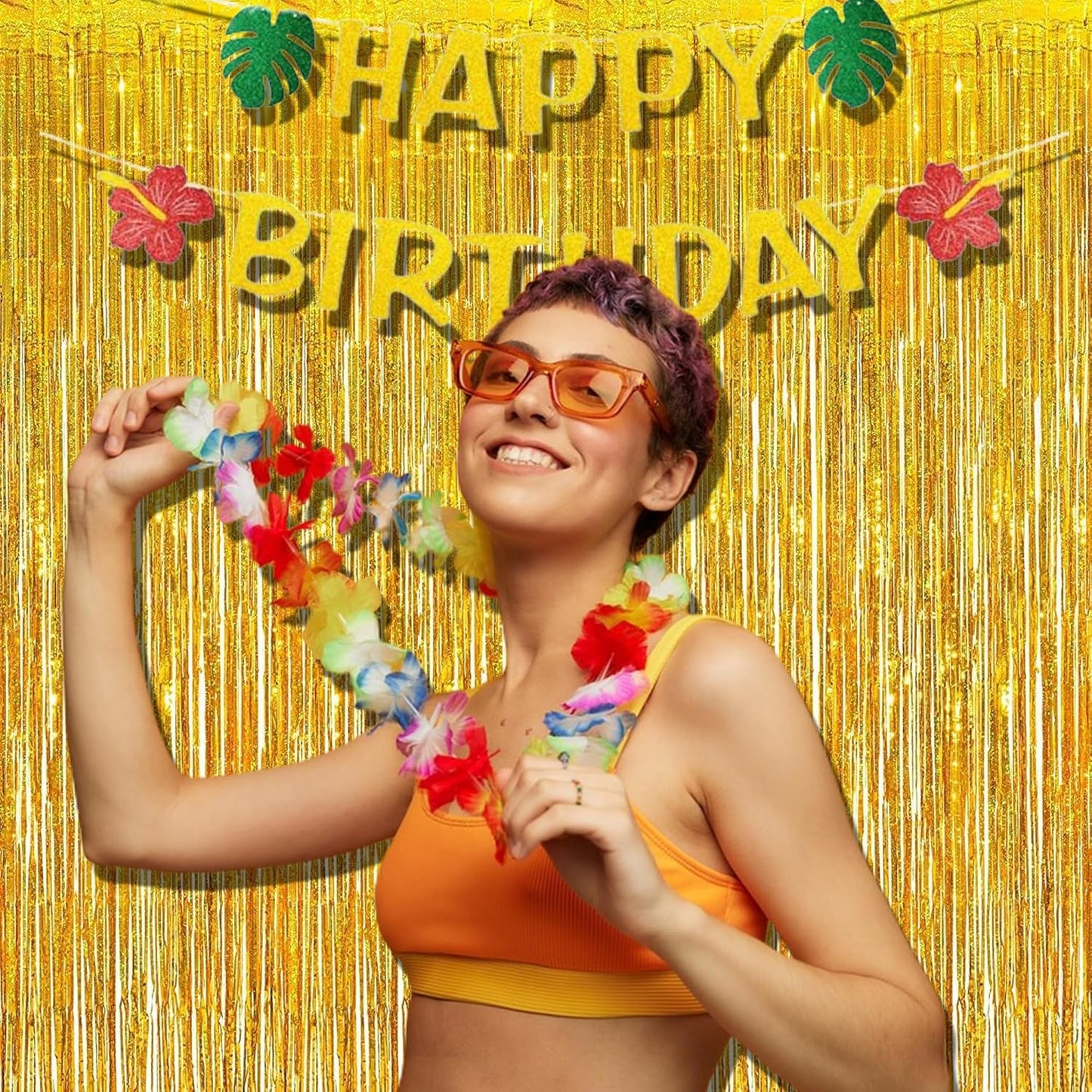 BRAVESHINE Gold Tinsel Foil Fringe Curtains - 2Pcs 3.2x8.2ft Holidays Photo Backdrop for Men 60th Birthdays/Bridal Wedding/Engagement/Anniversary/Hawaiian/Luau/Christmas/New Years Party Decorations