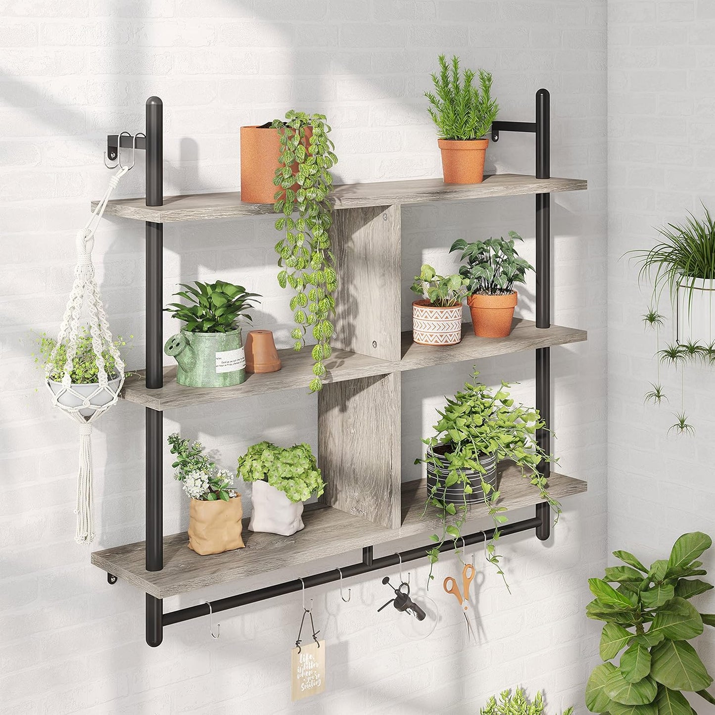Bestier 41.5" Floating Pipe Shelving Kitchen Shelves Wall Mounted 3 Tier Ladder Shelf Hanging with Circular Tube Display Bookshelf Storage for Living Room Kitchen Balcony, Retro Grey