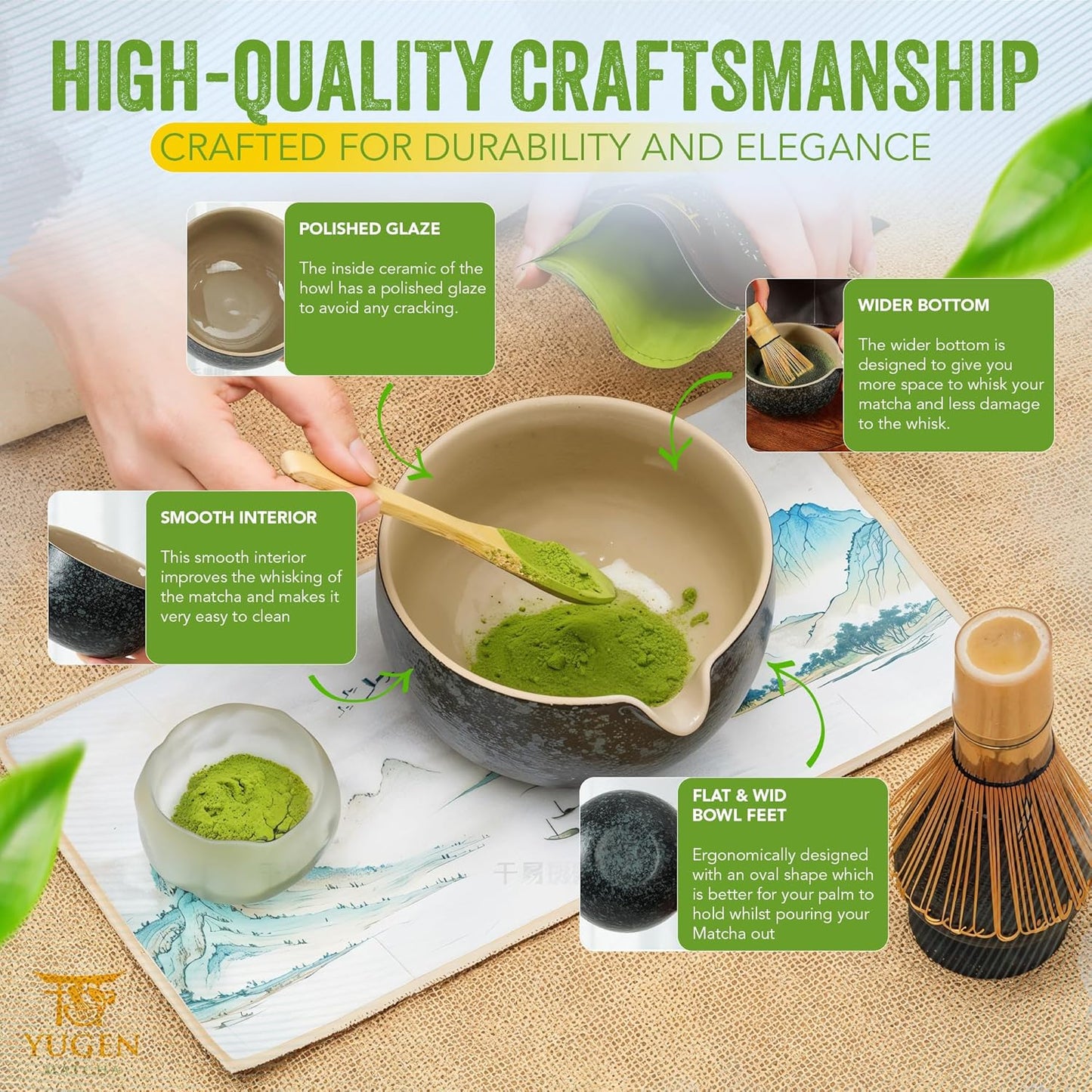 YUGEN MATCHA 7 Piece Matcha Whisk Set, Includes 30g Ceremonial Grade Matcha Powder, Metal Sifter, Bamboo Whisk, Whisk Holder, Bamboo Spoon, Tea Cloth, Matcha Bowl, Tea Set, Ceremony Set