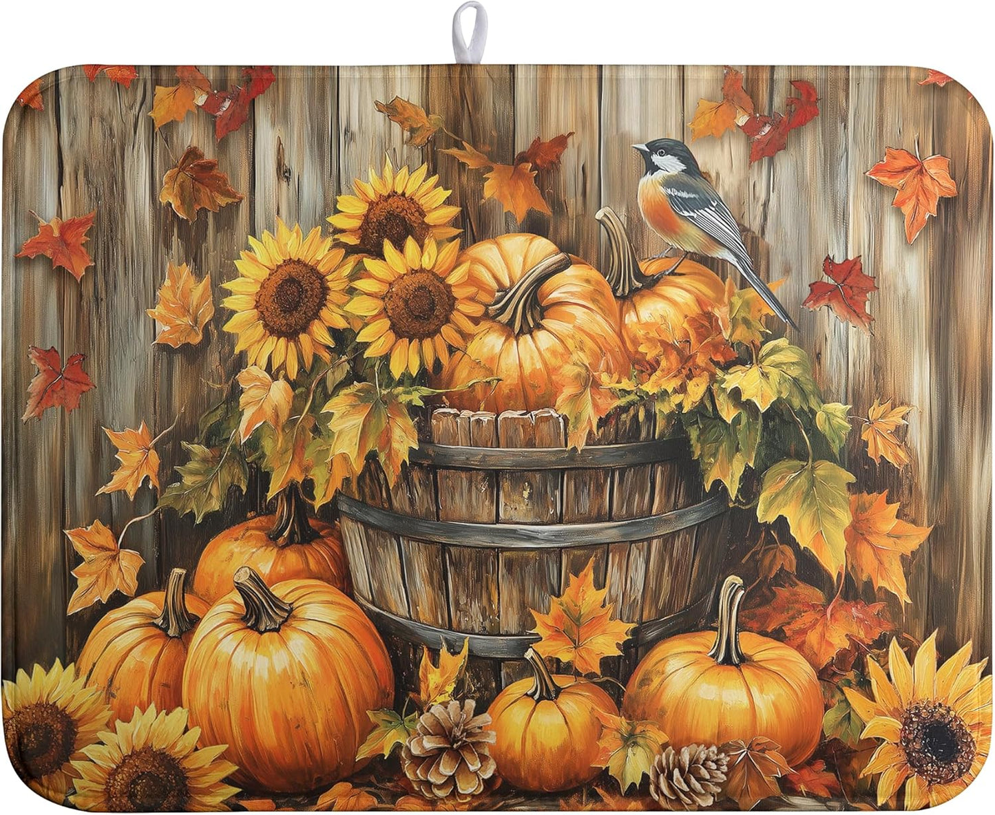 Fall Pumpkin Dish Drying Mat Autumn Maple Leaves Thanksgiving Large Kitchen Mats Dish Drying Pad Absorbent Dish Dryer Mat for Kitchen Countertops Microfiber Drainer Pad Dish Drying Mats (18x24 in)