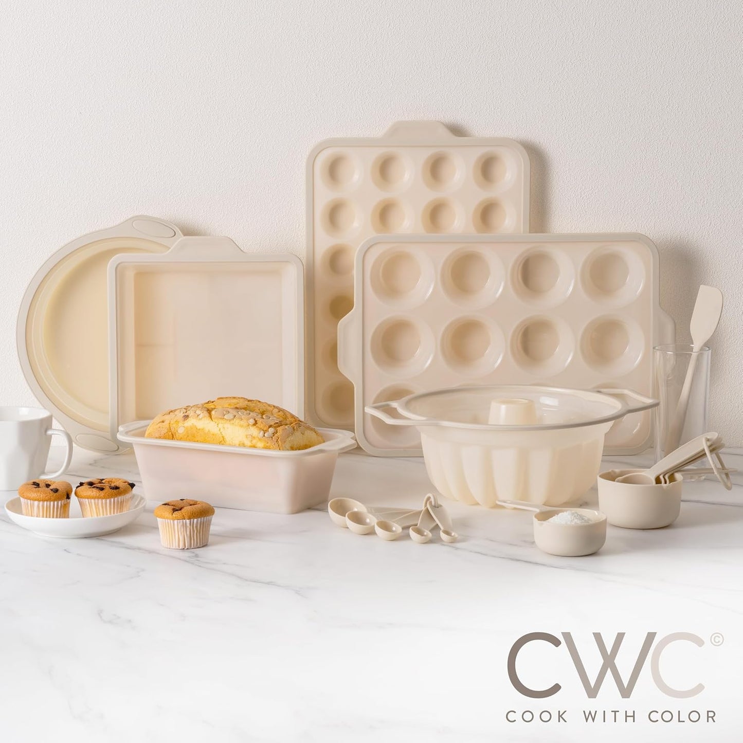 COOK WITH COLOR 17 Pc. Silicone Baking Pan Set - Non-Stick & Easy Clean Silicone Muffin Pans for Baking with Sturdy Metal Frame for Stability, Flexible Cake Molds, Includes Measuring Cups and Spoons