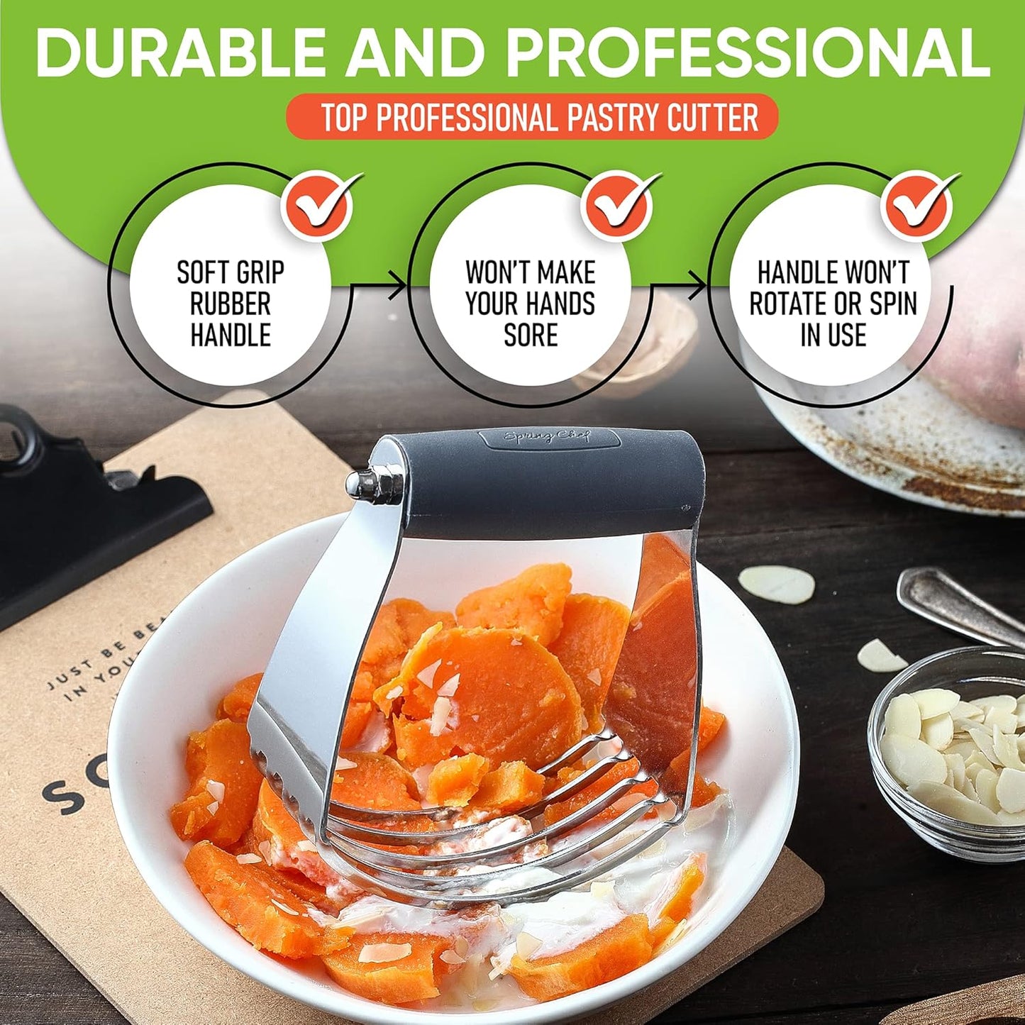 Spring Chef Medium Size Gray Dough Blender For Baking, Professional Dough Cutter Tool, Stainless Steel Pastry Cutter Tool with Durable & Thick Blades, Dishwasher Safe Pastry Blender for Easy Mixing