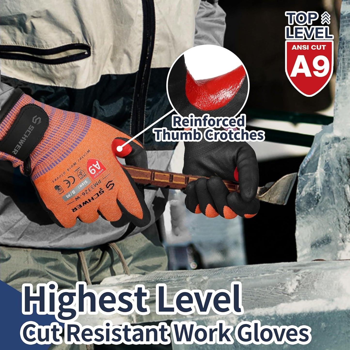 Schwer FreezeGuard-X Winter Work Gloves for Men and Women, ANSI A9 Cut Resistant Gloves for Extreme Protection, Freezer Glove With Super Grip, Thermal Insulated, Non PFAS, PM3326-W (XL,2 Pairs)