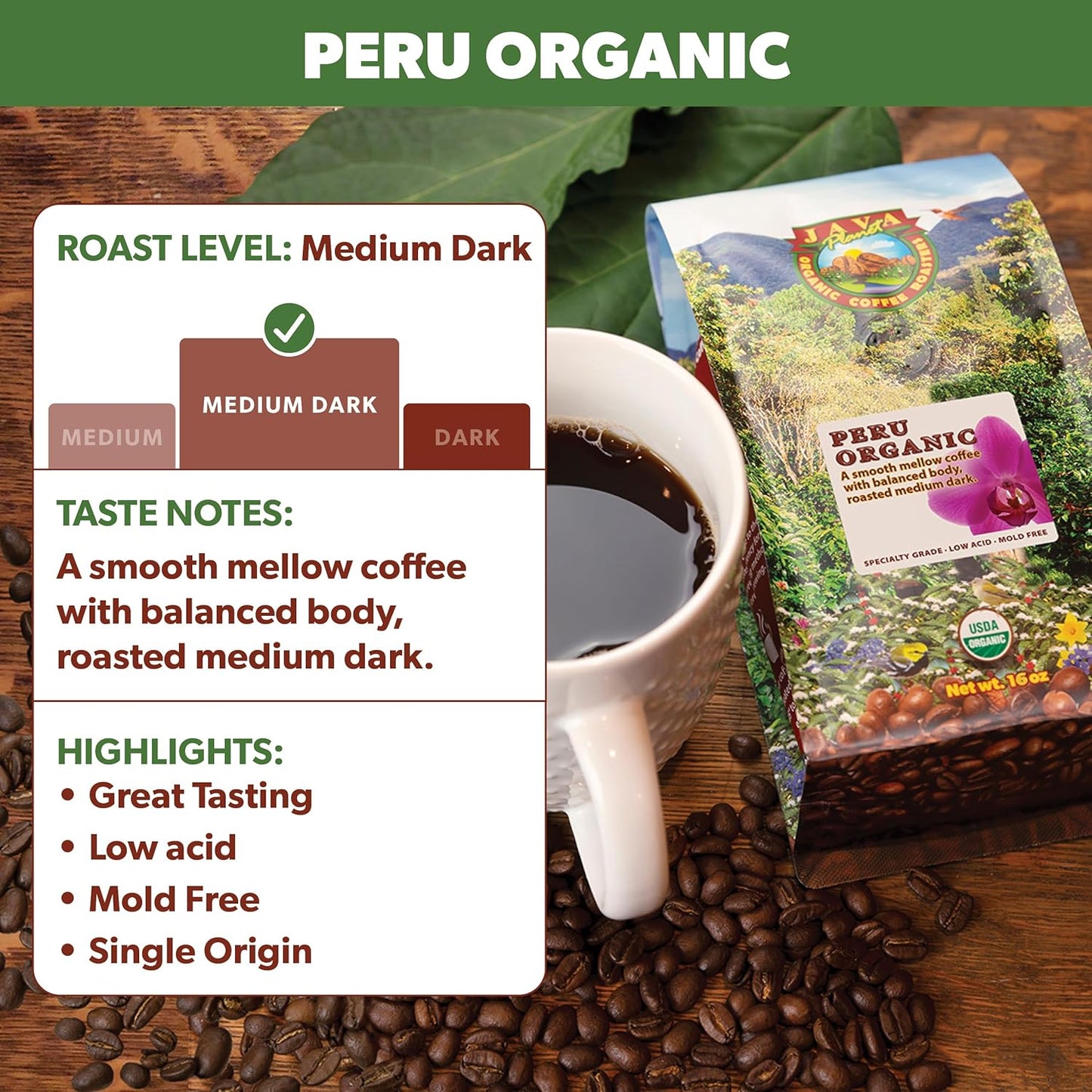 Low Acid Organic Coffee – Whole Bean, Mold-Free & Stomach Friendly by Java Planet, Peruvian Single Origin Coffee, Medium Dark Roast, Smooth Full Flavored, Smithsonian Bird Friendly, 1LB Bag