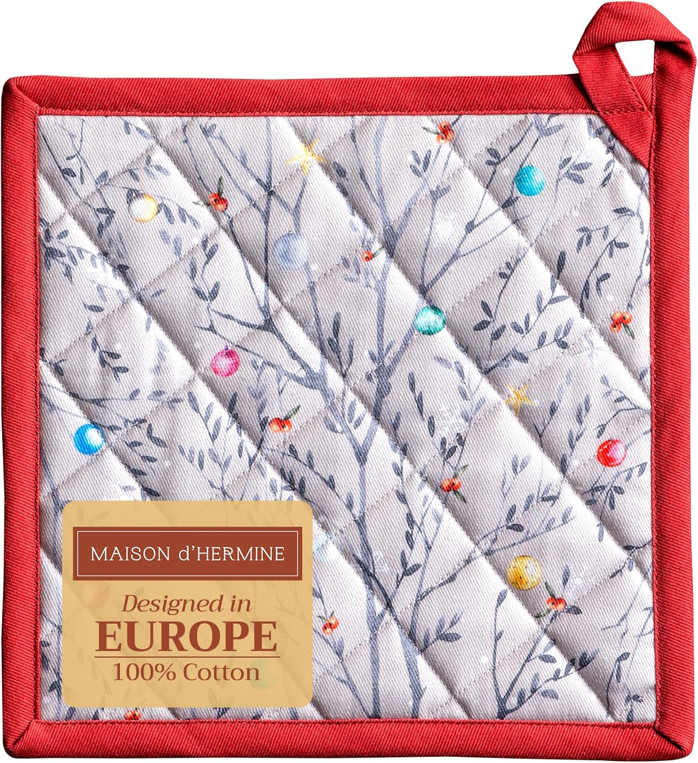 Maison d' Hermine Pot Holders 100% Cotton Heat Resistant Potholders 8" x 8" Hot Pads with Loop BBQ, Cooking, Baking, Grilling, Kitchen, Handling Hot Pans (Pack of 1, Fairy Christmas)