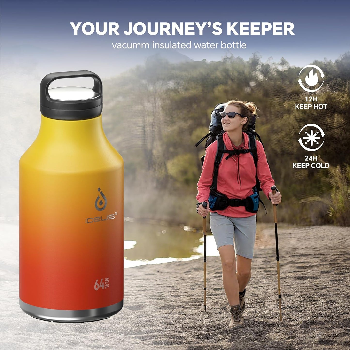 IDEUS Insulated Stainless Steel Water Bottle with 2 Leak-Proof Lids, Thermal Water Flask for Hiking Biking, 64oz, Yellow