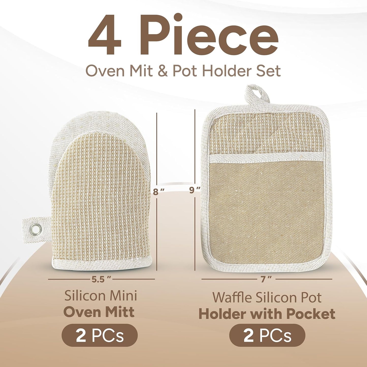 Casa Platino Mini Oven Mitts & Silicone Pot Holders, 4-Piece – Heat Resistant Gloves for Cooking & BBQ, Hot Pads for Kitchen – Withstands Up to 500°F, Non-Slip & Machine Washable – Beige