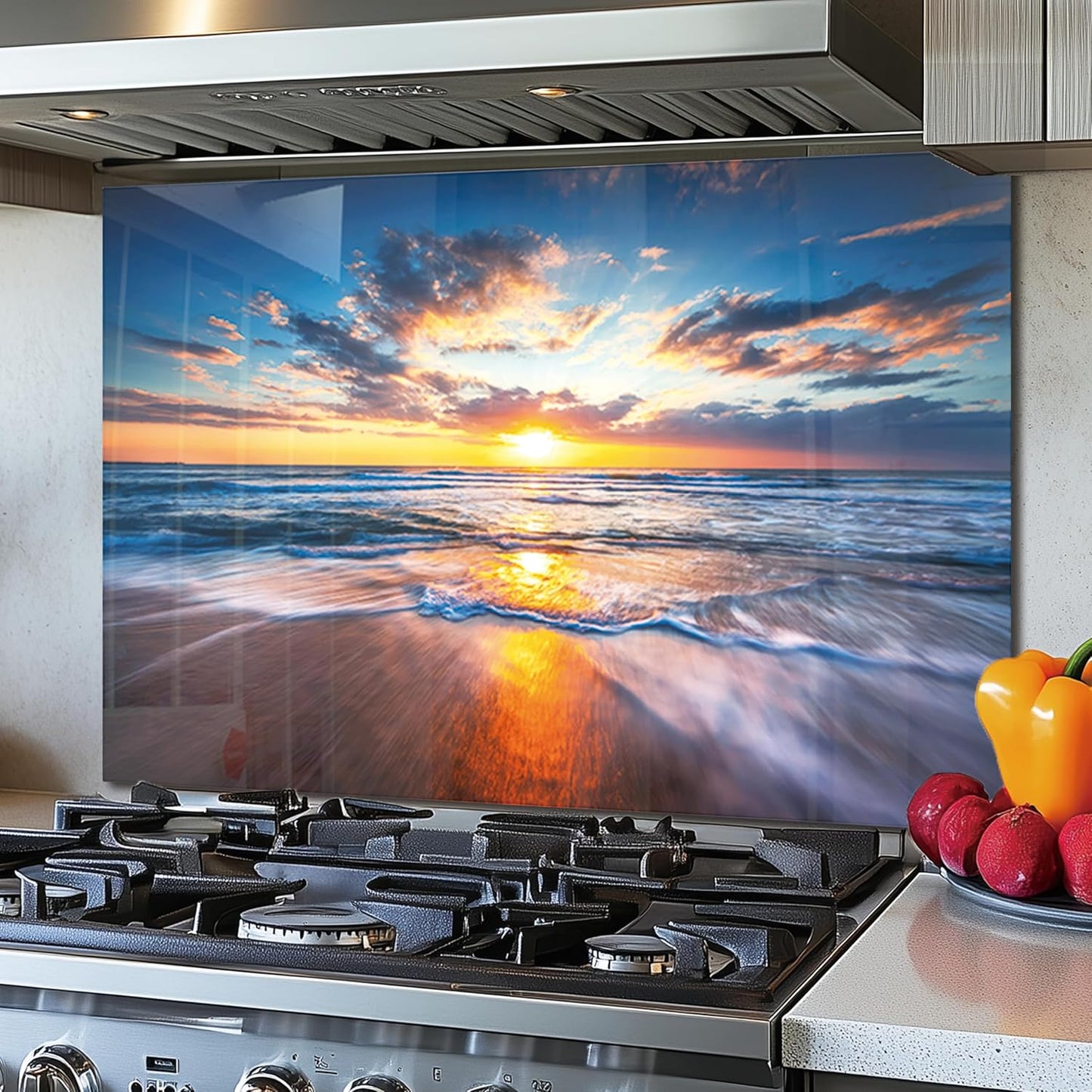 Tempered Glass Backsplash For Kitchen Behind Stove,Sea Beach Stove Backsplash Top Cover,Easy to Clean Glass Splashback, Sink Cover Splash Guard,Home Kitchen Wall Decor (30"x24"(76.2x60.96cm))