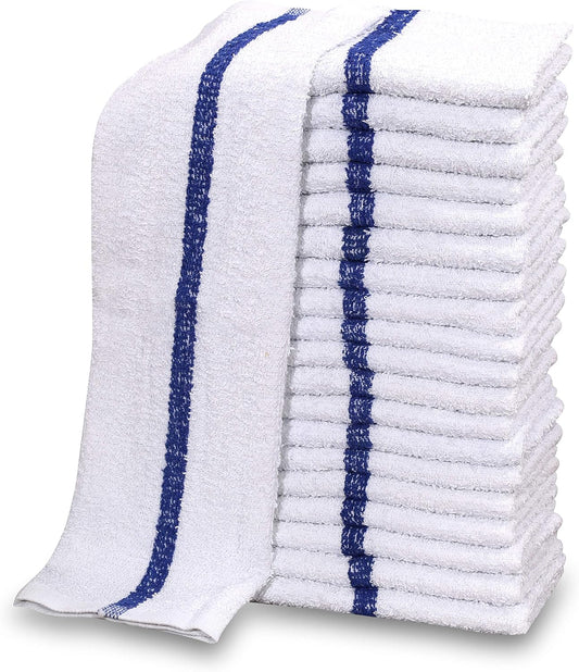 GOLD TEXTILES 12 PC New Cotton Blend White Restaurant Bar Mops Kitchen Towels 28oz (1 Dozen) (12, Blue Stripe)