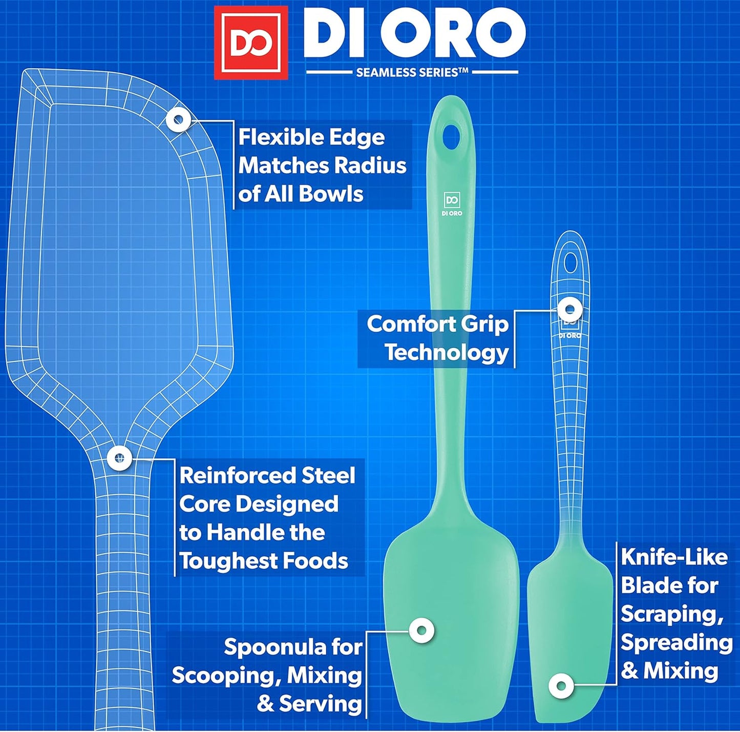 DI ORO Silicone Spatula Set - Rubber Kitchen Spatulas for Baking, Cooking, & Mixing - 600°F Heat-Resistant & BPA Free Silicone Scraper Spatulas for Nonstick Cookware - Dishwasher Safe (3pc, Mint)