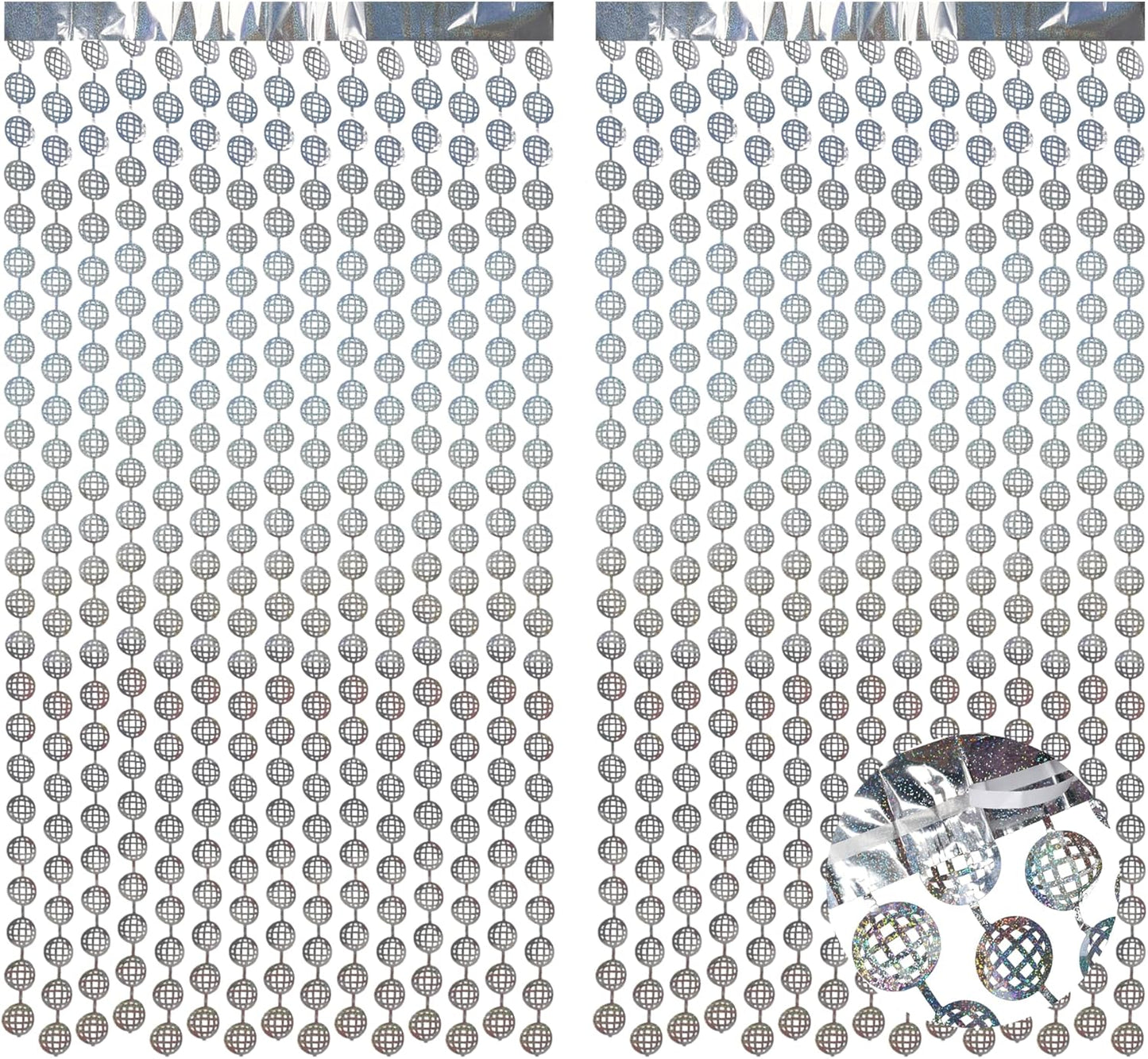 BRAVESHINE Hanging Balls Party Streamers Backdrop - 2 Pack Silver Tinsel Foil Curtain Photo Fringe Backdrop for 70s 80s Party, Birthdays, Bachelorette, Engagement, Music, Dance,New Years Decorations