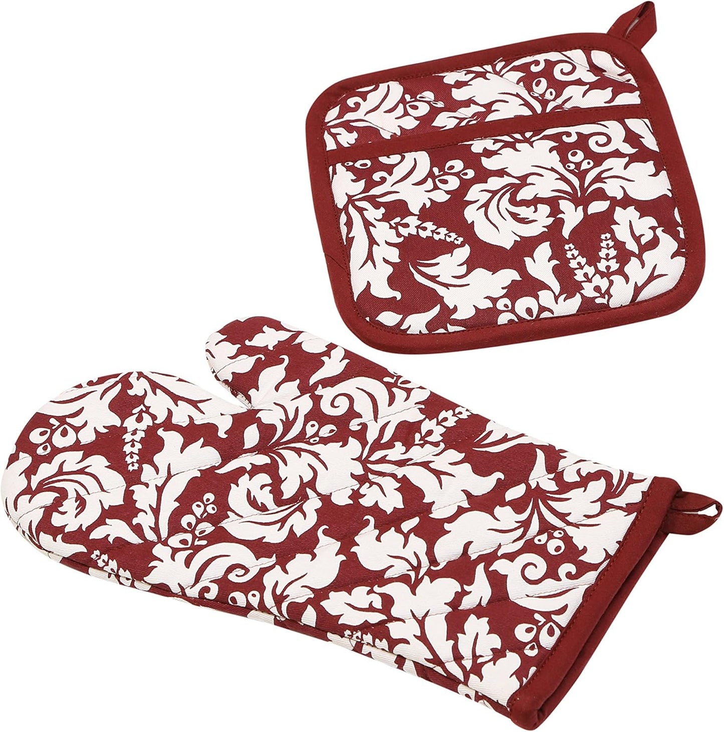 Yourtablecloth Set of Oven Mitt and Pot Holder or Oven Gloves-100% Cotton, High Heat Resistance, Superior Protection & Comfort–Elegant Design-Machine Washable-BlackBerry