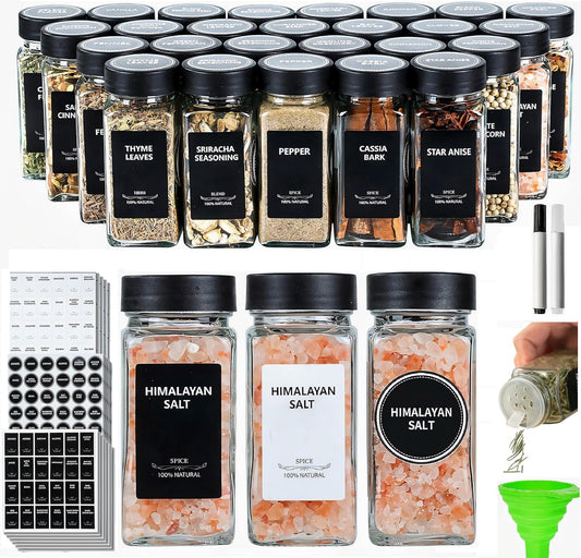 24Pcs Spice Jars Containers with Labels，4oz Black Seasoning Bottles with Shaker Lids for Rack, Cabinet, Drawer,Empty Square Condiment Pots (24, Black)