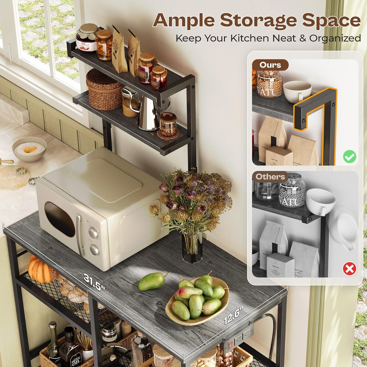 Huuger 31.5 Inch Bakers Rack with Power Outlets, Kitchen Microwave Stand with Storage, Coffee Bar with 4 Hooks, 3-Level Height Open Shelves, Grey