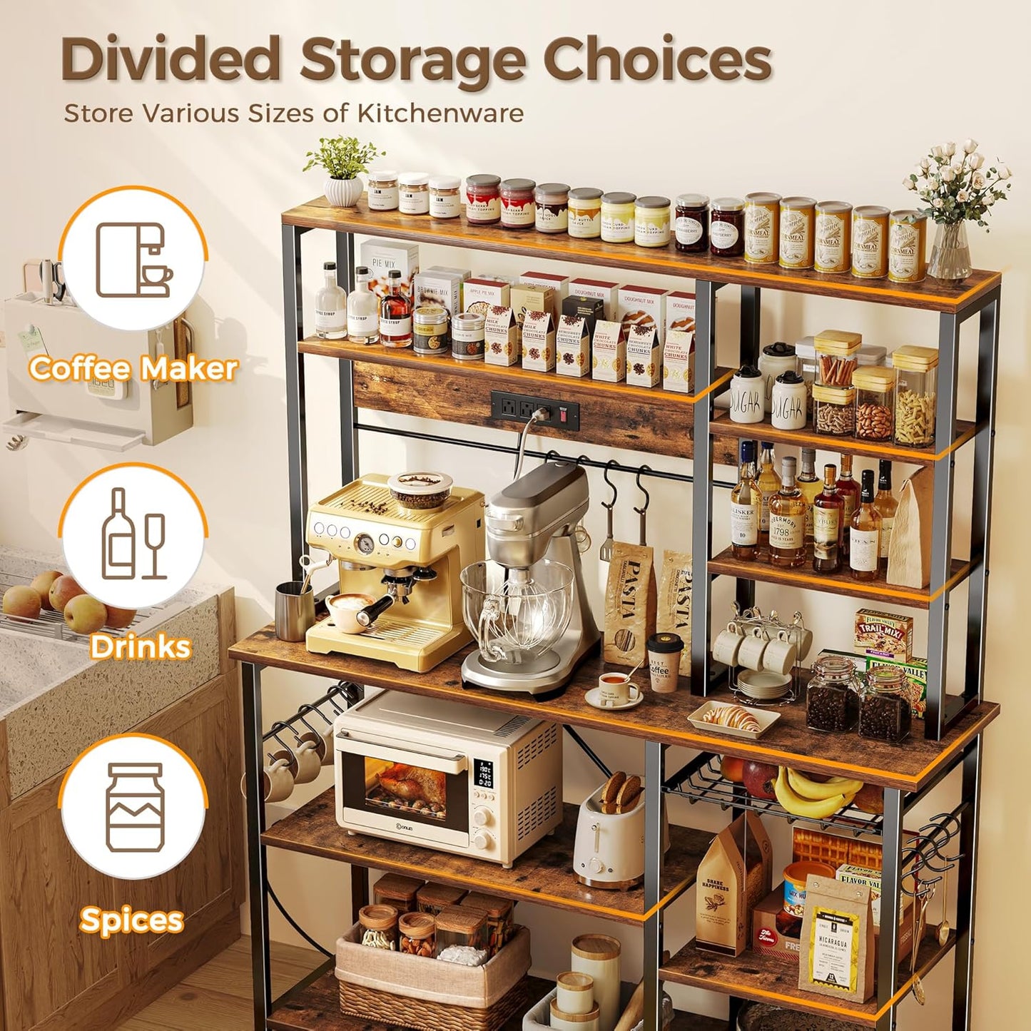 SUPERJARE Larger Bakers Rack with Power Outlets, 6-Tier Microwave Stand, Coffee Bar with 12 S-Shaped Hooks, Kitchen Shelf with Wire Basket, 47.2 x 15.5X 66.9 Inches, Rustic Brown