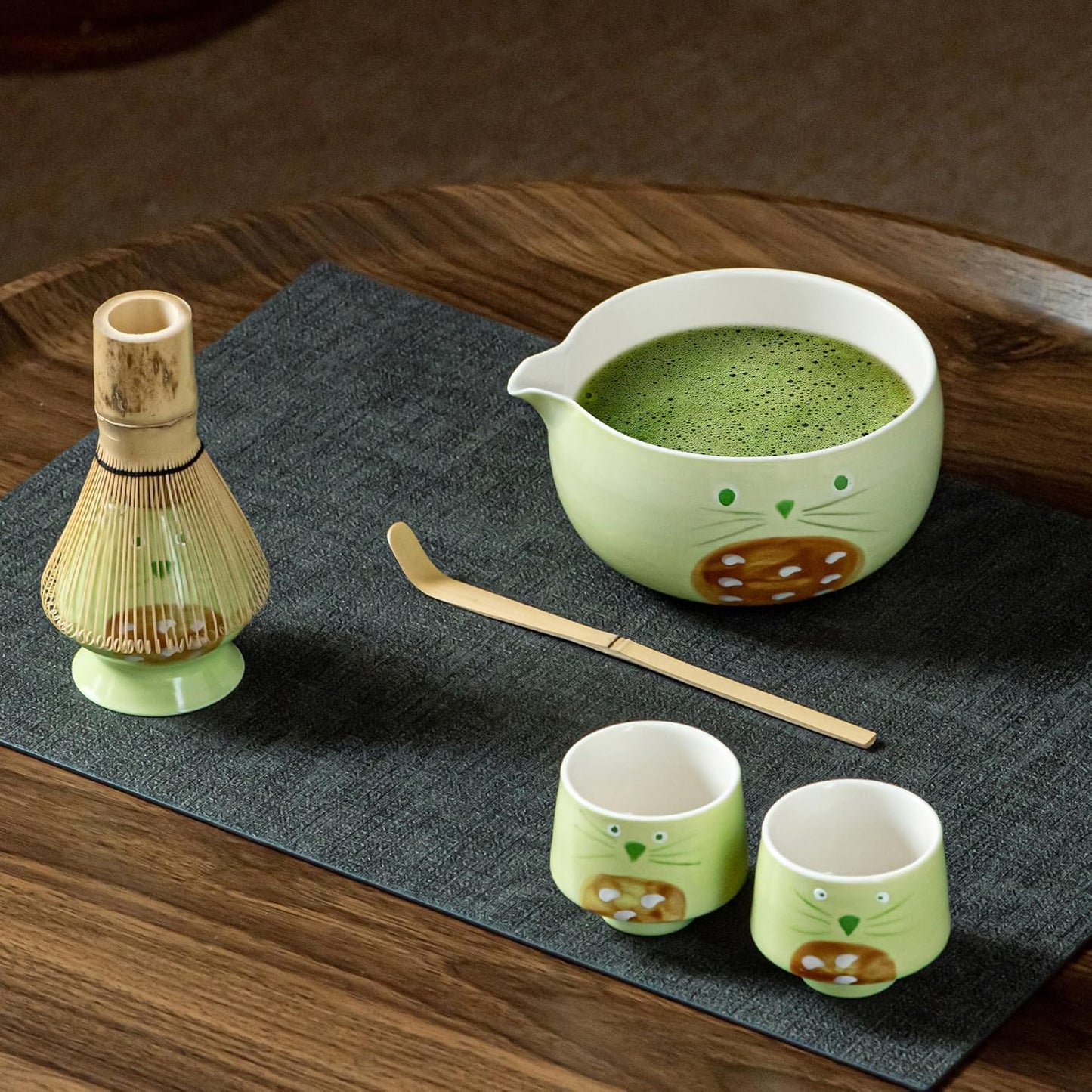 Green Matcha Set -Cute Cat Matcha Kit Includes Ceramic Bowl, Whisk and Holder, Bamboo Scoop - 6 Pcs Matcha Whisk Set for Matcha Lovers