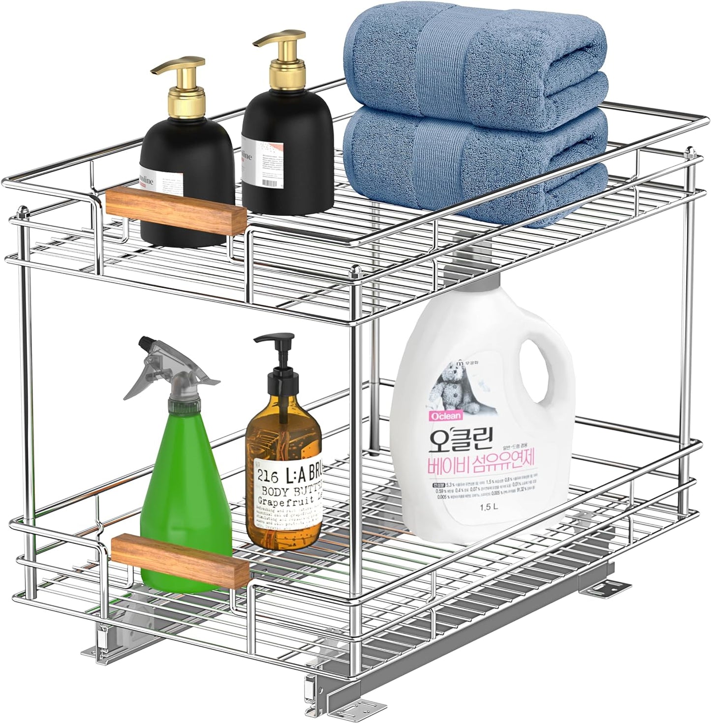Pull Out Cabinet Organizer(14" W x 21" D), 2 Tier Slide Out Shelves with Wood Handle, Sliding Drawer Pull Storage Shelf for 15-1/4” Cabinet Opening, Chrome