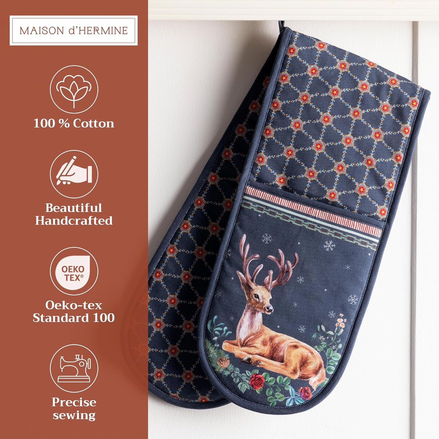 Maison d' Hermine Double Oven Mitts 100% Cotton 7"x35" Double Oven Mitt Heat Resistant BBQ Cooking Gloves with Loop, Baking, Grilling, Home, Kitchen, Handling Hot Pans (Christmas Joy)