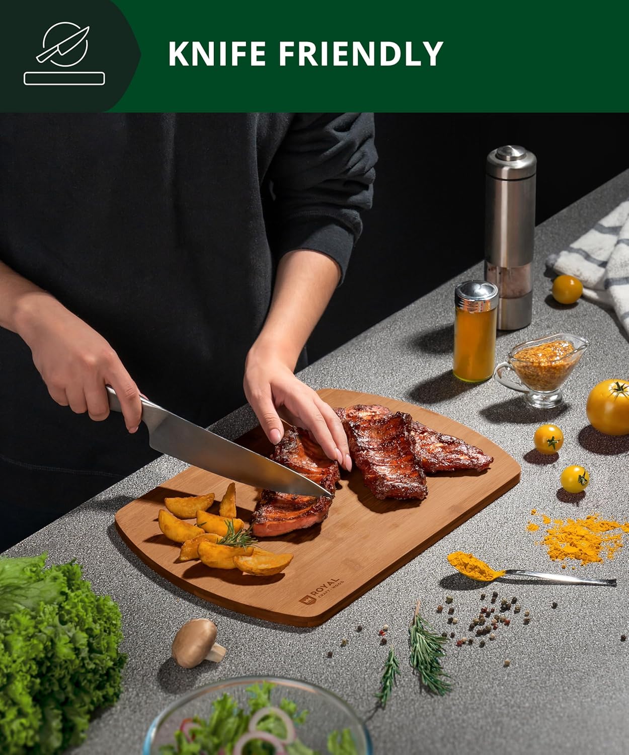 ROYAL CRAFT WOOD Cutting Boards for Kitchen - Wooden Cutting Board for Meal Prep & Serving, Non-Toxic Bamboo Chopping Board, Carbonized Bamboo Durable Charcuterie & Lightweight Serving Boards (2 pcs)