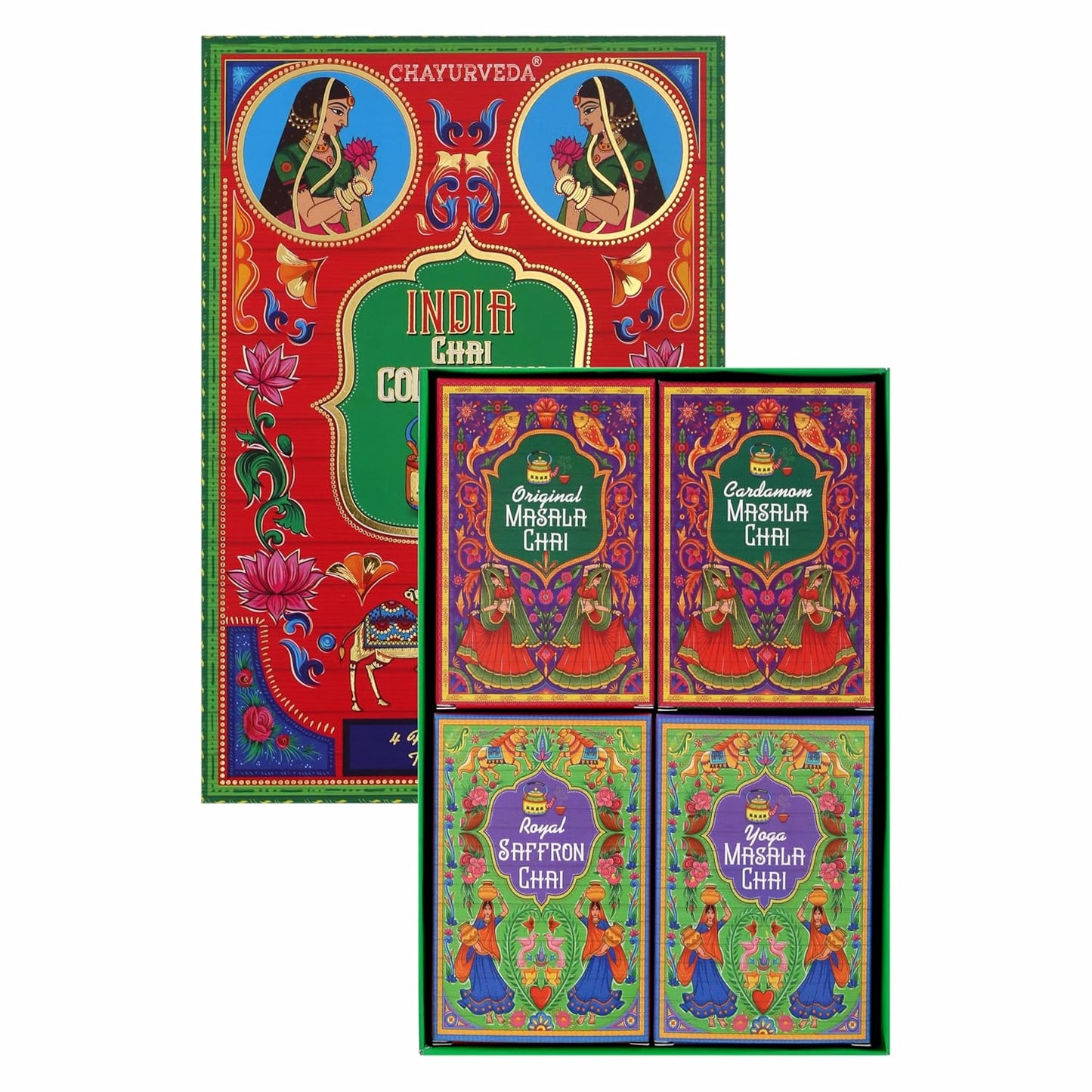 Sancha Tea Boutique, India Chai Collection Gift Box, Assorted Indian Masala Chai Teas, Cardamom/Ginger/Tulsi/Saffron, Variety Pack of 4 Loose Leaf Teas, 50g Each