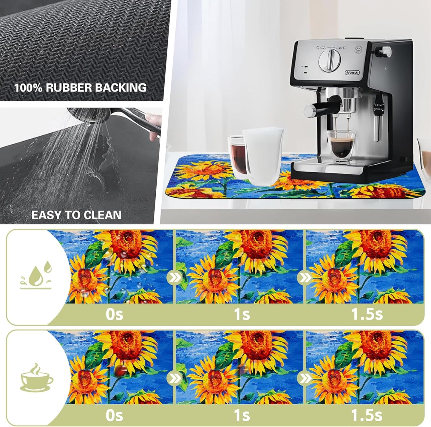 Kitchen Mat Oil Painting Sunflowers Dish Drying Mat 16"x24" Bsorbent Coffee Maker Mat for Sink Dishes or Under Rack Kitchen Counter Accessories Absorbent Hide Stain Rubber Backed Dish Drying Pad