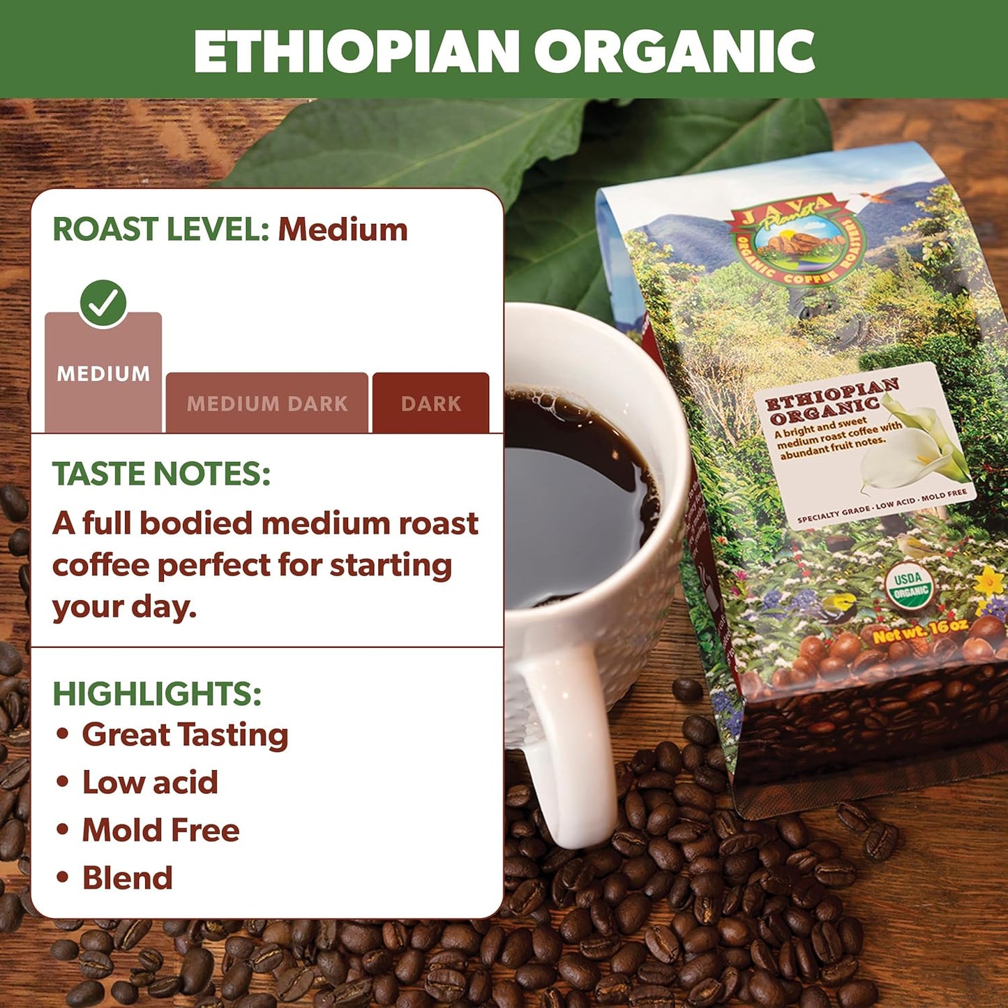 Low Acid Organic Coffee – Whole Bean, Mold-Free & Stomach Friendly by Java Planet, Ethiopian Single Origin Coffee, Medium Roast, Smooth Full Flavored, 1LB Bag