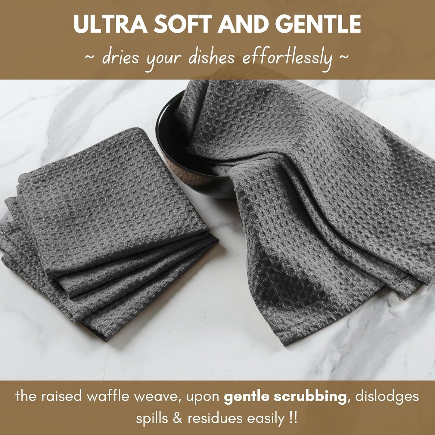 Native Fab 6 Pack Waffle Dish Cloths - 100% Cotton, Absorbent, Quick Dry & Soft Towels for Cleaning, Cooking & Drying Dishes - Perfect for Home, Restaurants, Bars, 12x12 inch - Grey
