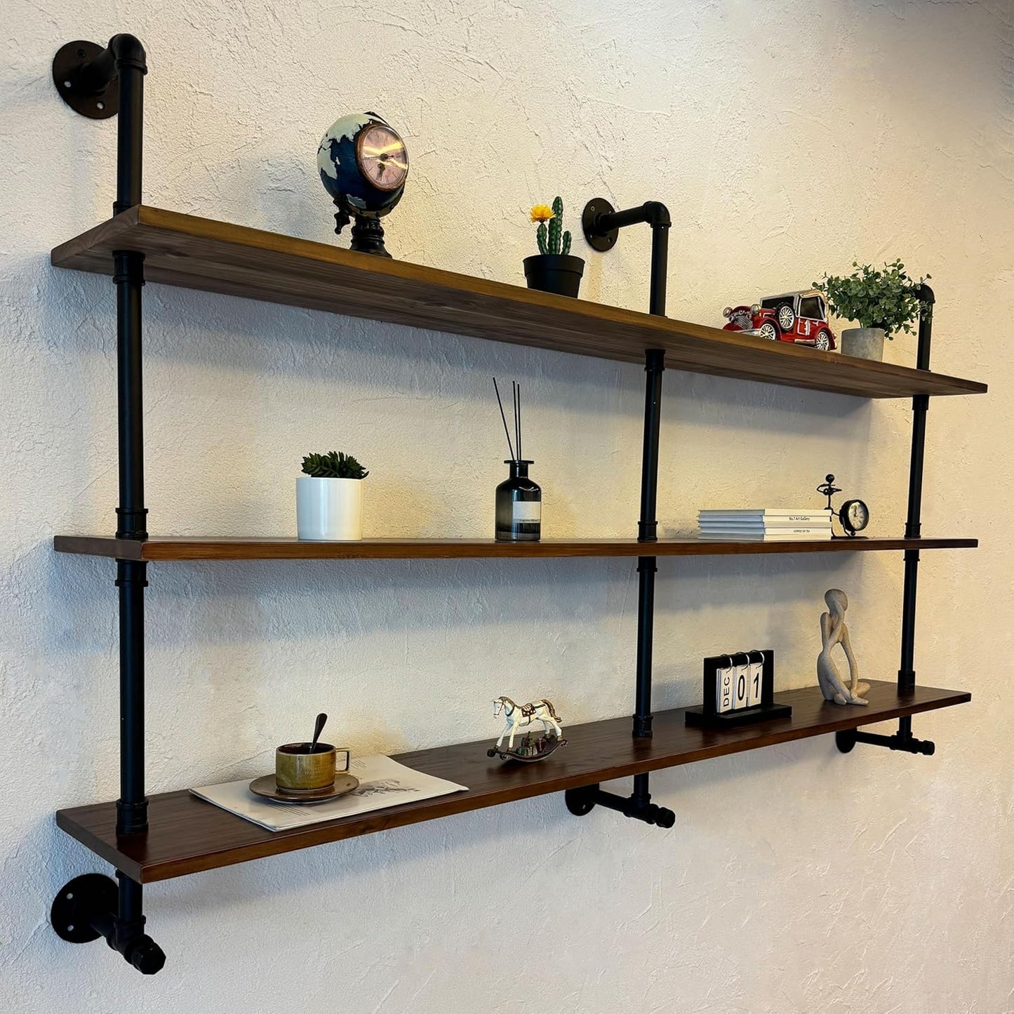 ROGMARS Industrial Pipe Wall Shelves Pipe Shelving with Real Wood Plank,70 Inches Floating Shelves for Wall Farmhouse Pipe Book Shelves Dark Brown 3Tier for Kitchen,Living Room Decor and Bar Shelving