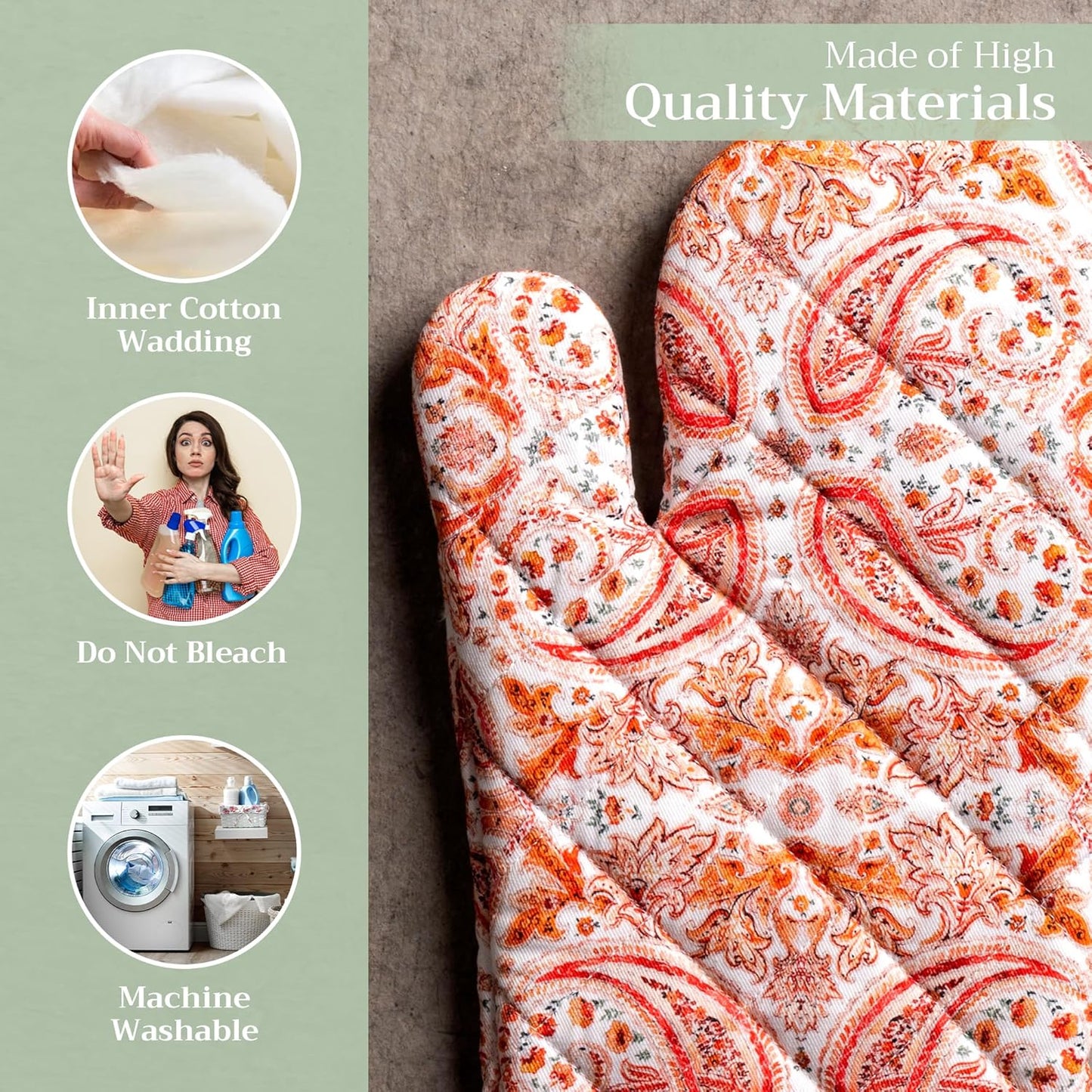 Maison d' Hermine Oven Gloves 100% Cotton Oven Mitt 7" x 13" with Loop Heat Resistant, BBQ, Cooking Gloves, Baking, Grilling, Kitchen, Handling Hot Pans (Pack of 1, Orient)