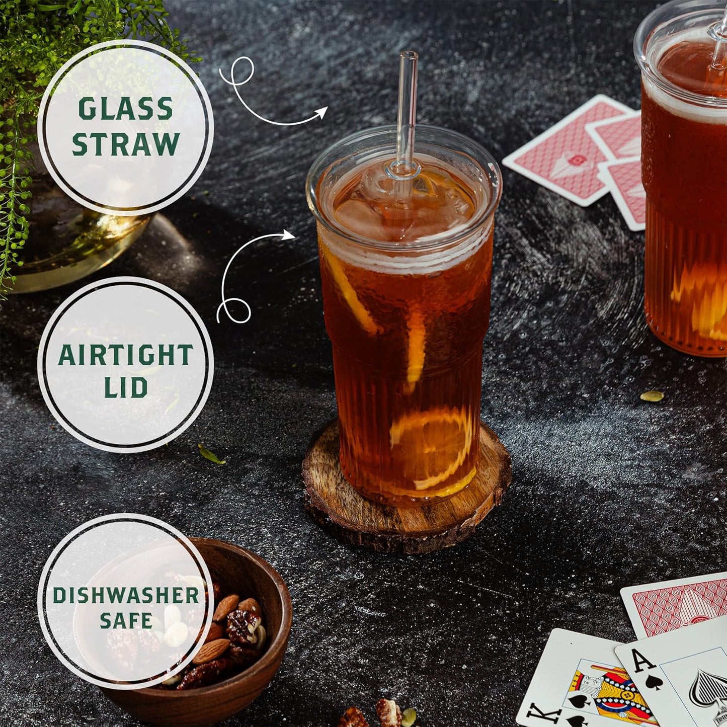 Glass Cups with Lids & Glass Straws, 20 Ounce High Borosilicate Iced Coffee Tumbler 2 Pack