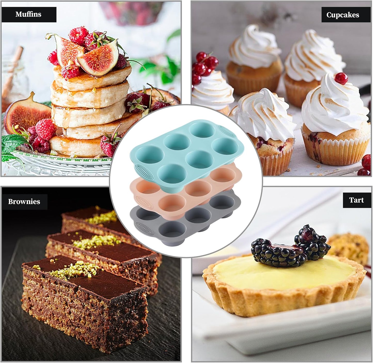 Silicone Muffin Pan, Food Grade Silicone Cupcake Molds for Baking Muffins and Cupcakes, 6-Cup Nonstick Cupcake Pan, Easy Cleaning and BPA-Free (Gray, Orange, Blue)