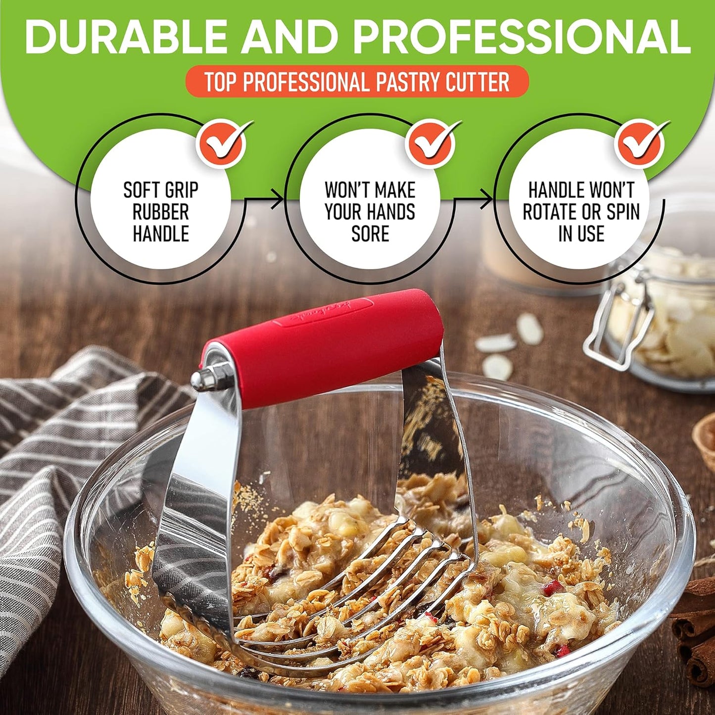 Spring Chef Dough Blender, Top Professional Pastry Cutter, Heavy Duty Baking Tool with Stainless Steel Blades, Medium Size, Red