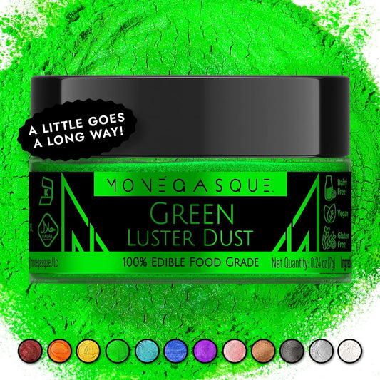 MONÉGASQUE Green Edible Glitter for Drinks 7g – Edible Glitter for Cakes & Cocktails – Green Luster Dust for Drinks – Halloween Drink & Cake Decorations Dust Powder Spray – Cocktail & Drink Shimmer