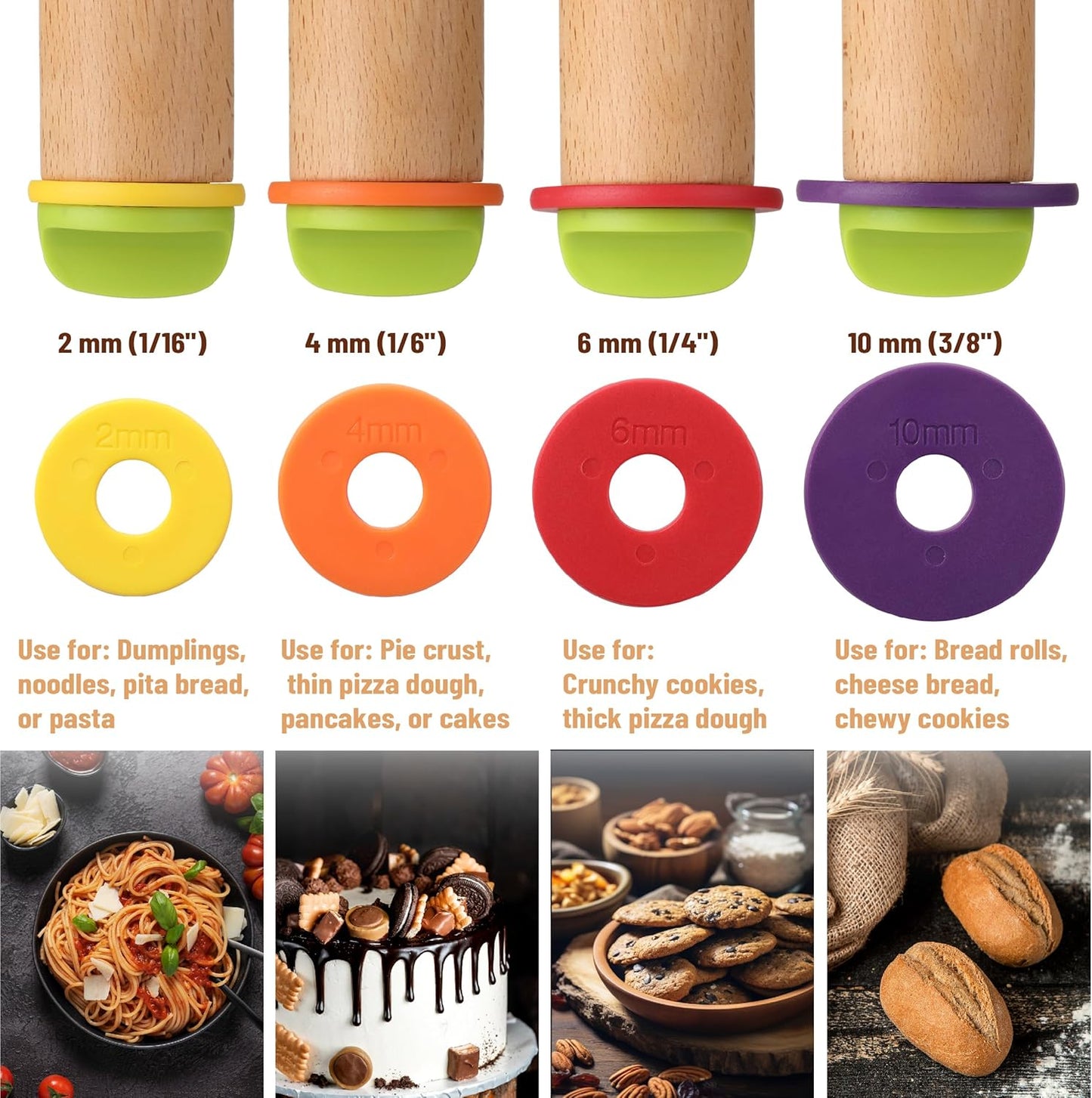 Bamboo Land- Adjustable Rolling Pin with Thickness Rings for Baking, 13.8", 4 Colorful Thickness Rings (2-10 mm or 1/16"-3/8"), Wood Rolling Pins for Baking, Bread, Pizza & Cookie Doughs