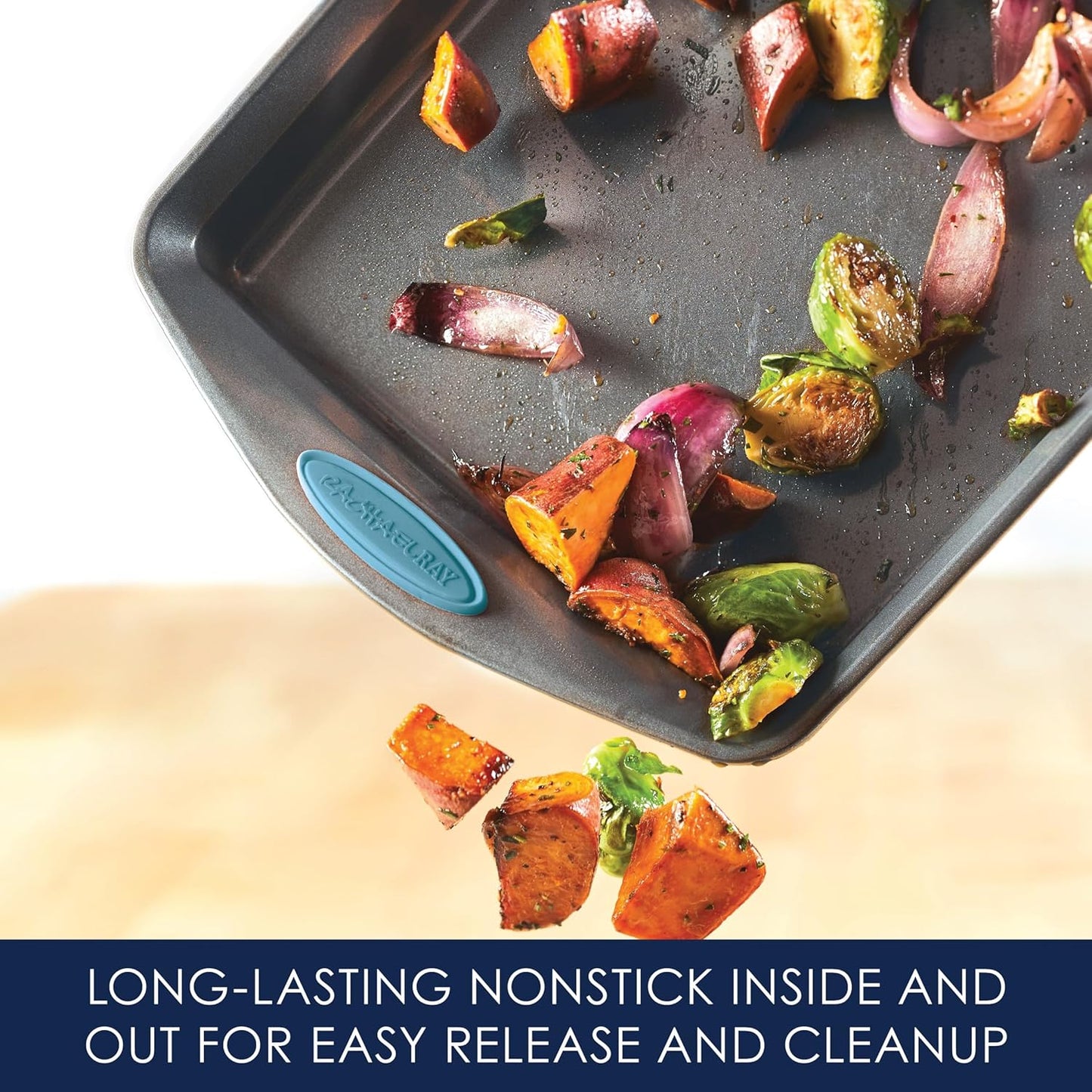 Rachael Ray Bakeware Nonstick Cookie Pan Set, 3-Piece, Gray with Agave Blue Grips