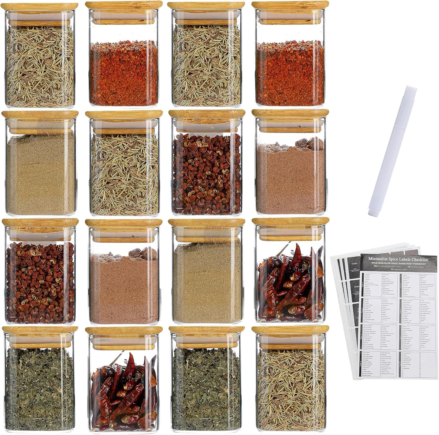 16Pcs 7oz Spice Jars Glass Container with 275 Labels, Airtight Seasoning Empty Organizer with Bamboo Lid Set for Pepper, Salt, Sugar