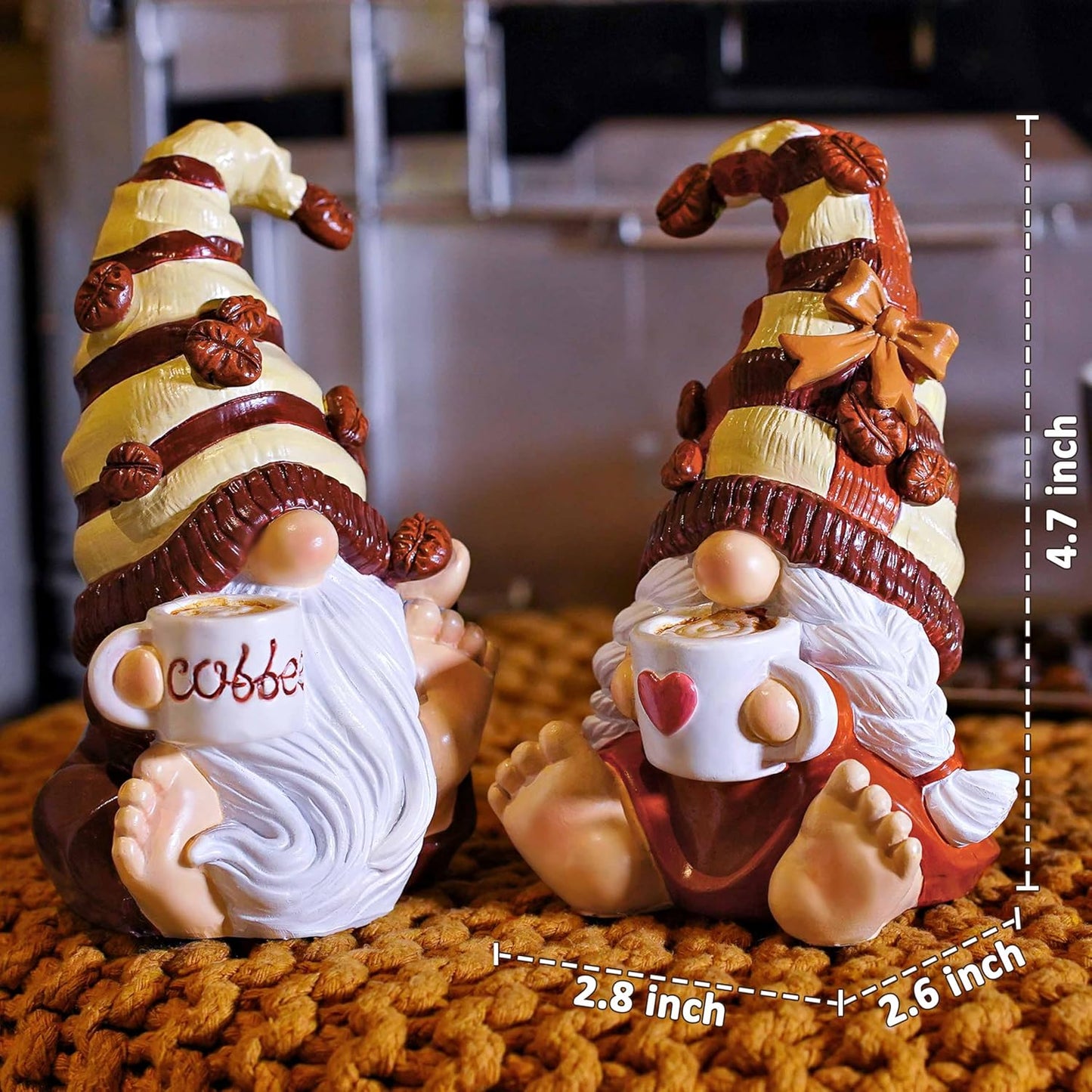 2PCS Coffee Gnomes Figurines Home Christmas Decoration Fall Gnomes Coffee Bar Accessories Decor Elfs Statue Cute Resin Housewarming Gifts for Women Tiered Tray Table Ornament,Sit 4.7H