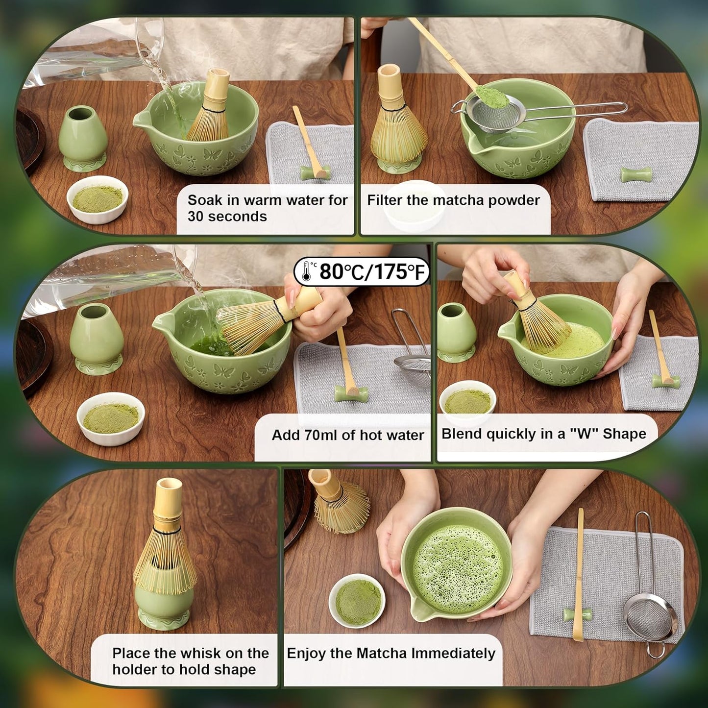 Ceramic Matcha Whisk Set 7 PCS Matcha Set Large Matcha Bowl, Matcha Whisk and Holder, Bamboo Scoop and Scoop Rest, Stainless Sifter and Tea Towel, Matcha Kit for Matcha Tea Ceremony Green